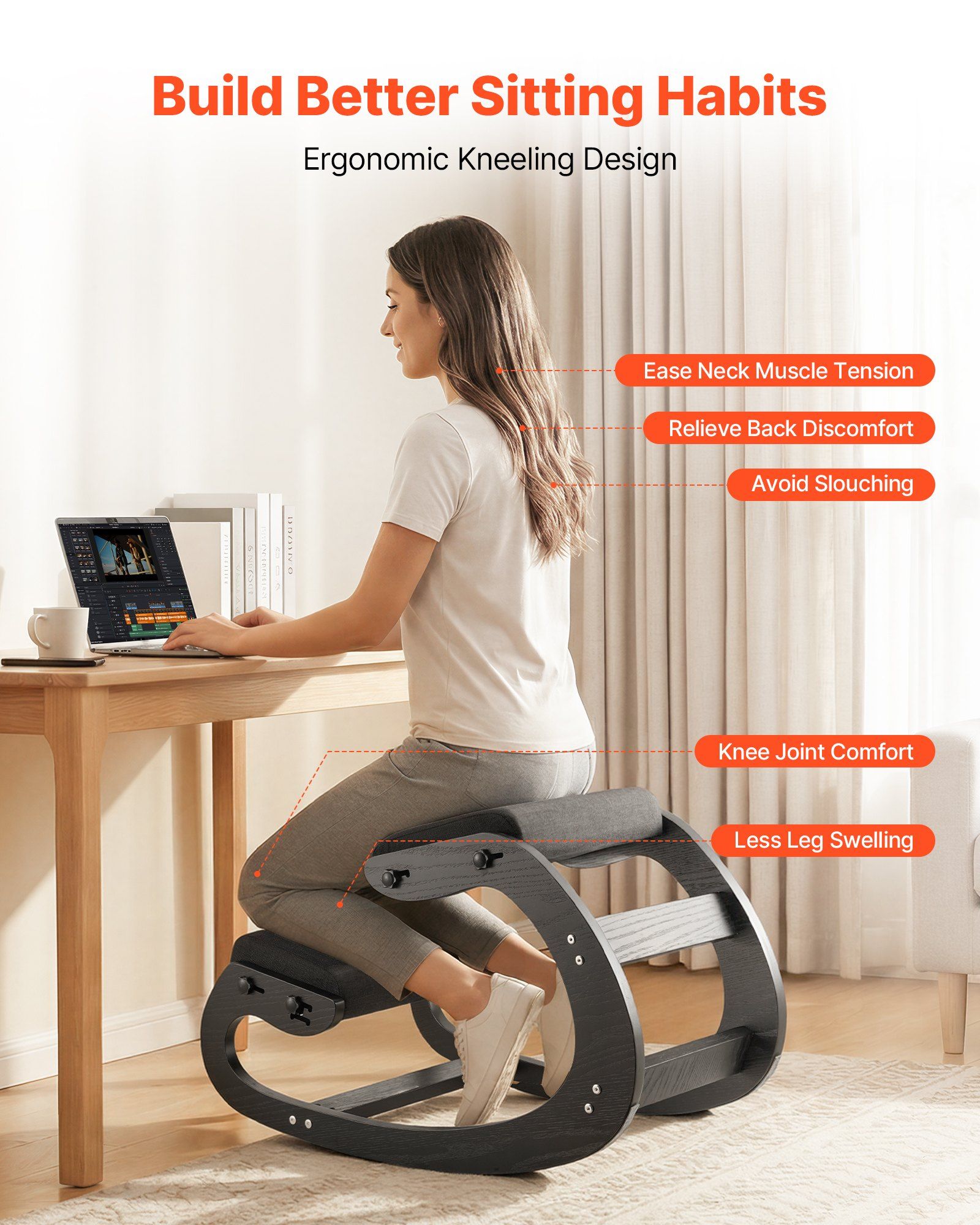 Ergonomic Kneeling Chair, Wooden Posture Knee Chair with Adjustable Thick Foam Cushions & Solid Wood Frame, Adjustable Height, Relief for Neck or Back Pain for Home, Office or Meditation, Black - Image 2