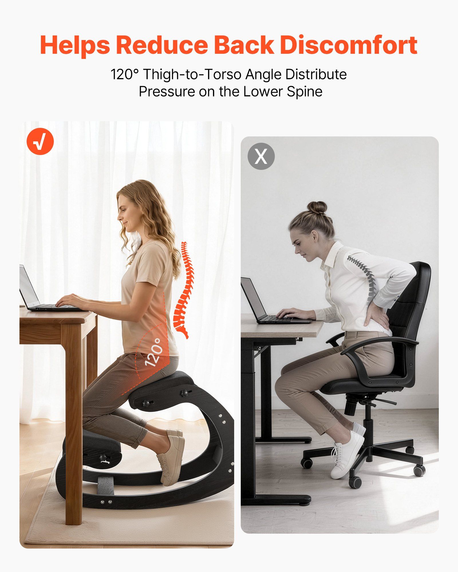 Ergonomic Kneeling Chair, Wooden Posture Knee Chair with Adjustable Thick Foam Cushions & Solid Wood Frame, Adjustable Height, Relief for Neck or Back Pain for Home, Office or Meditation, Black - Image 3