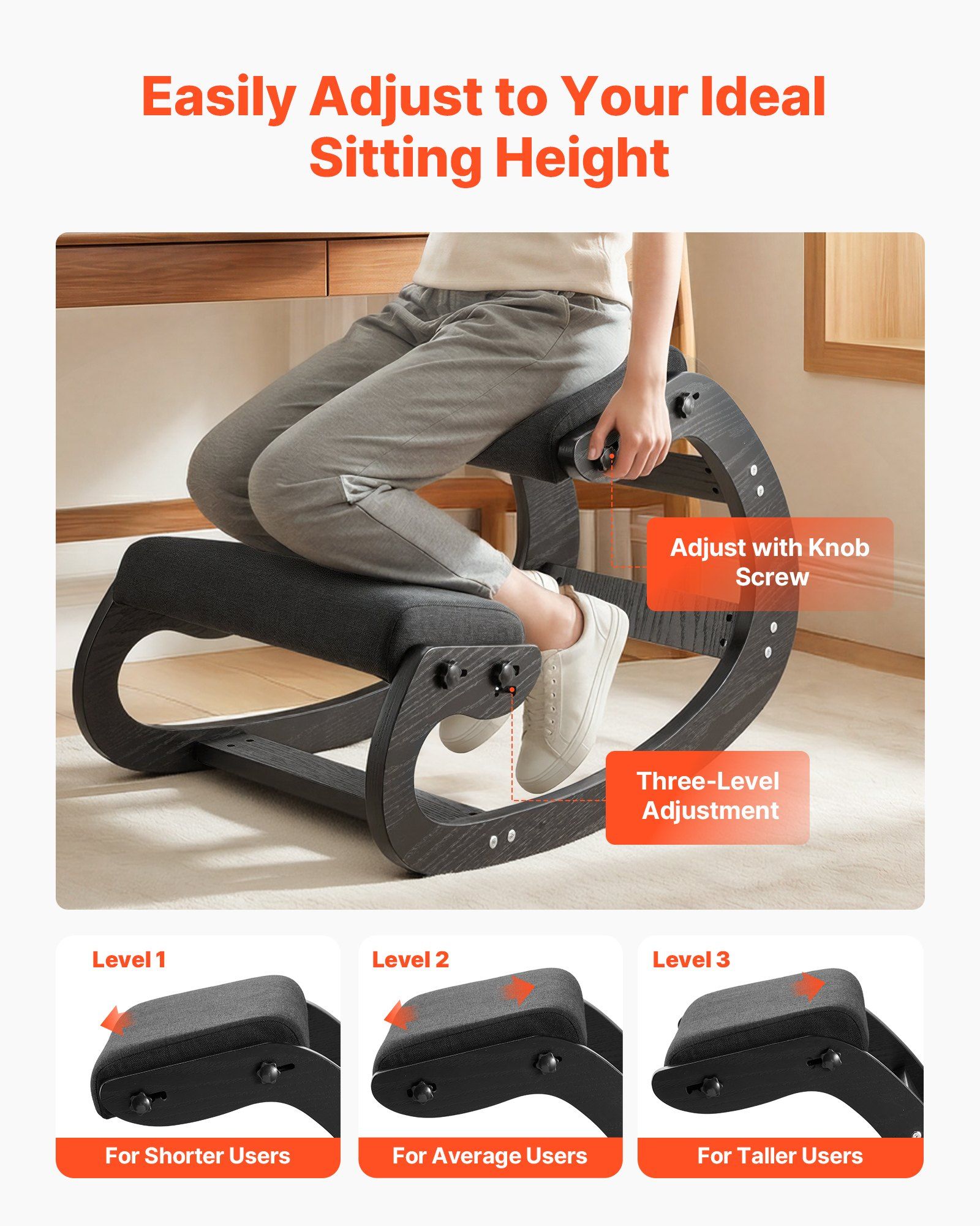Ergonomic Kneeling Chair, Wooden Posture Knee Chair with Adjustable Thick Foam Cushions & Solid Wood Frame, Adjustable Height, Relief for Neck or Back Pain for Home, Office or Meditation, Black - Image 4