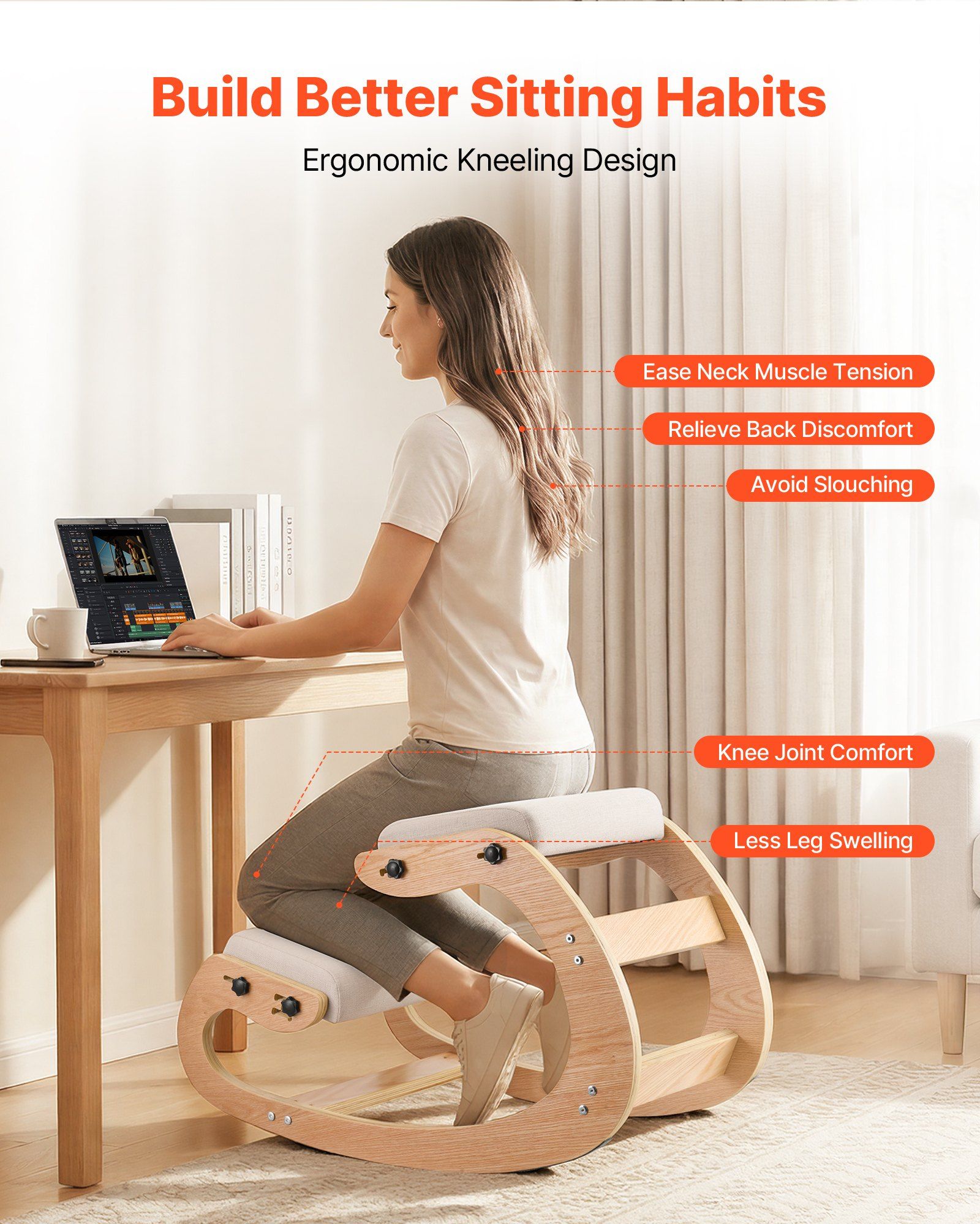 Ergonomic Kneeling Chair, Wooden Posture Knee Chair with Adjustable Thick Foam Cushions & Solid Wood Frame, Adjustable Height, Relief for Neck or Back Pain for Home, Office or Meditation, Beige - Image 2