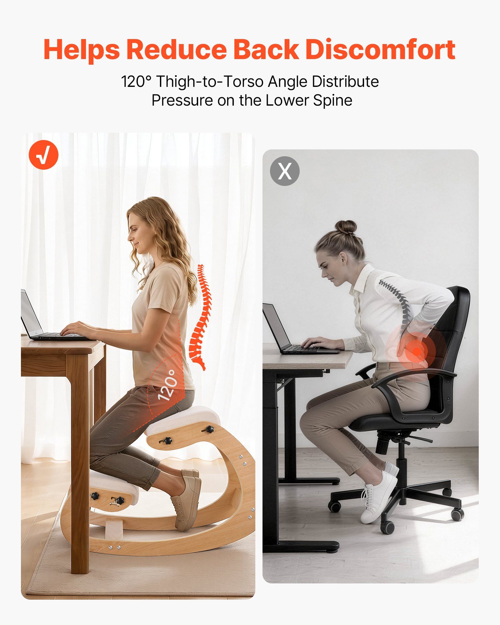Ergonomic Kneeling Chair, Wooden Posture Knee Chair with Adjustable Thick Foam Cushions & Solid Wood Frame, Adjustable Height, Relief for Neck or Back Pain for Home, Office or Meditation, Beige - Image 3