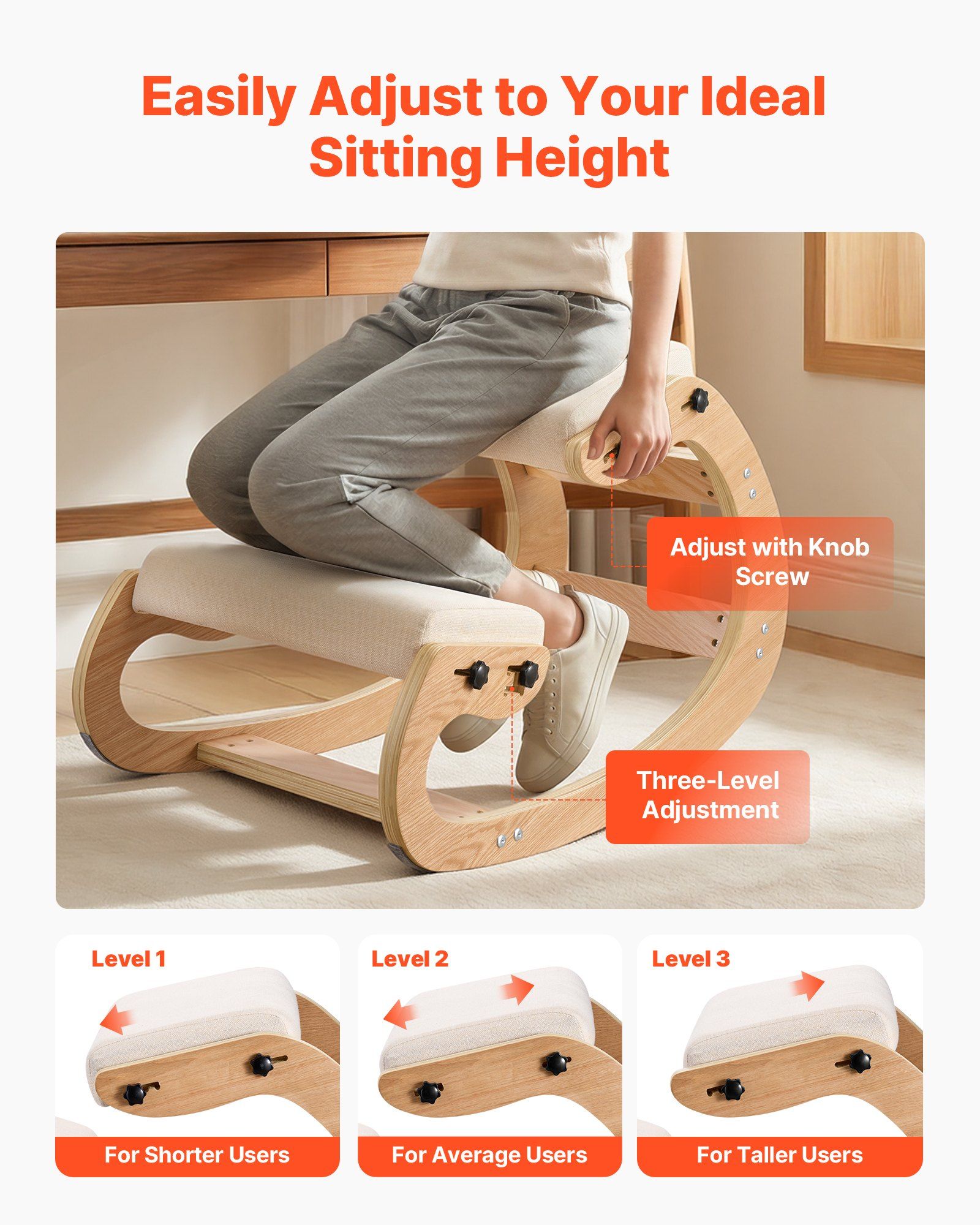 Ergonomic Kneeling Chair, Wooden Posture Knee Chair with Adjustable Thick Foam Cushions & Solid Wood Frame, Adjustable Height, Relief for Neck or Back Pain for Home, Office or Meditation, Beige - Image 4