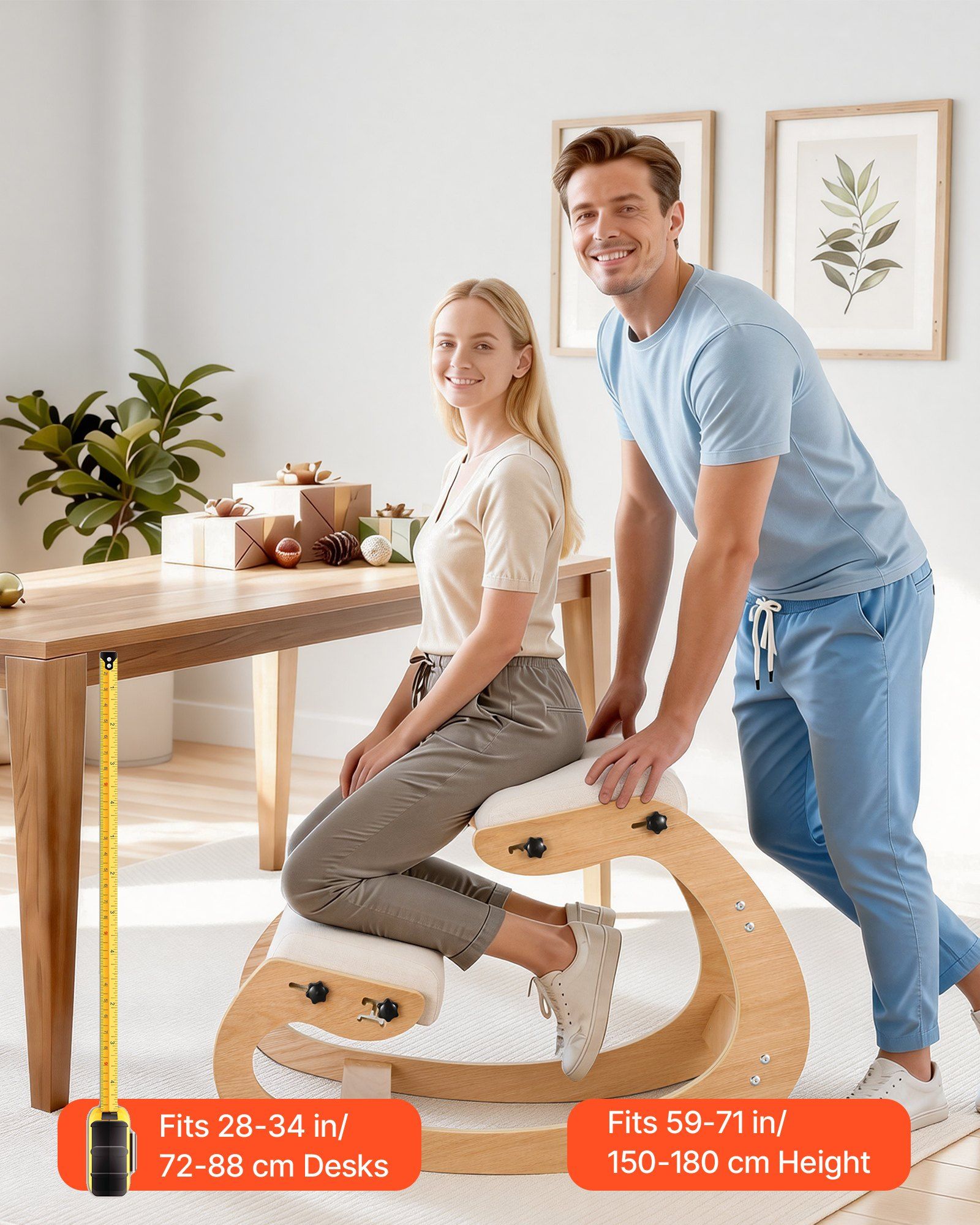 Ergonomic Kneeling Chair, Wooden Posture Knee Chair with Adjustable Thick Foam Cushions & Solid Wood Frame, Adjustable Height, Relief for Neck or Back Pain for Home, Office or Meditation, Beige - Image 8