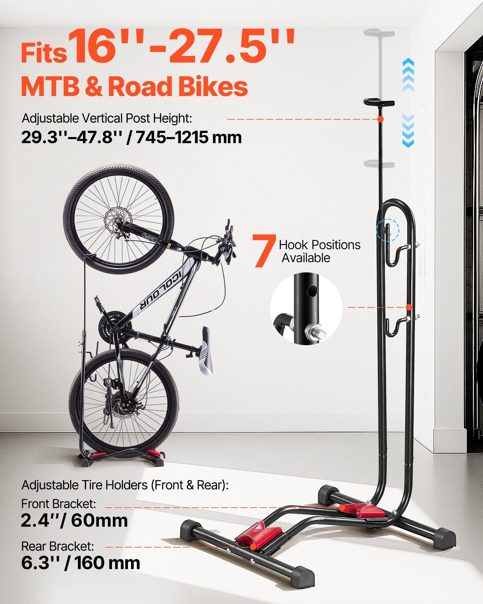 Bike Rack, Upright Bike Stand Floor for 406.4 to 700 mm Mountain & Road Bikes, Vertical & Horizontal Bicycle Stand for Secure Parking and Storage in Garage, Truck Bed, Indoor, Outdoor, Black - Image 2
