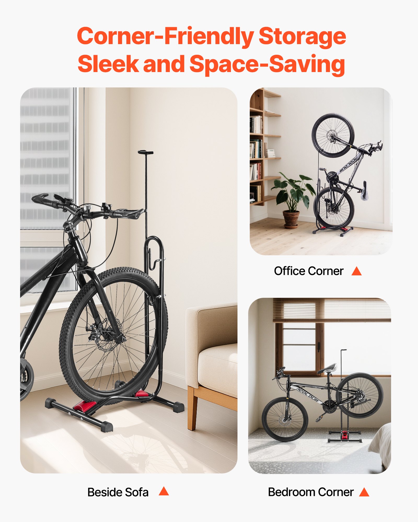 Bike Rack, Upright Bike Stand Floor for 406.4 to 700 mm Mountain & Road Bikes, Vertical & Horizontal Bicycle Stand for Secure Parking and Storage in Garage, Truck Bed, Indoor, Outdoor, Black - Image 4