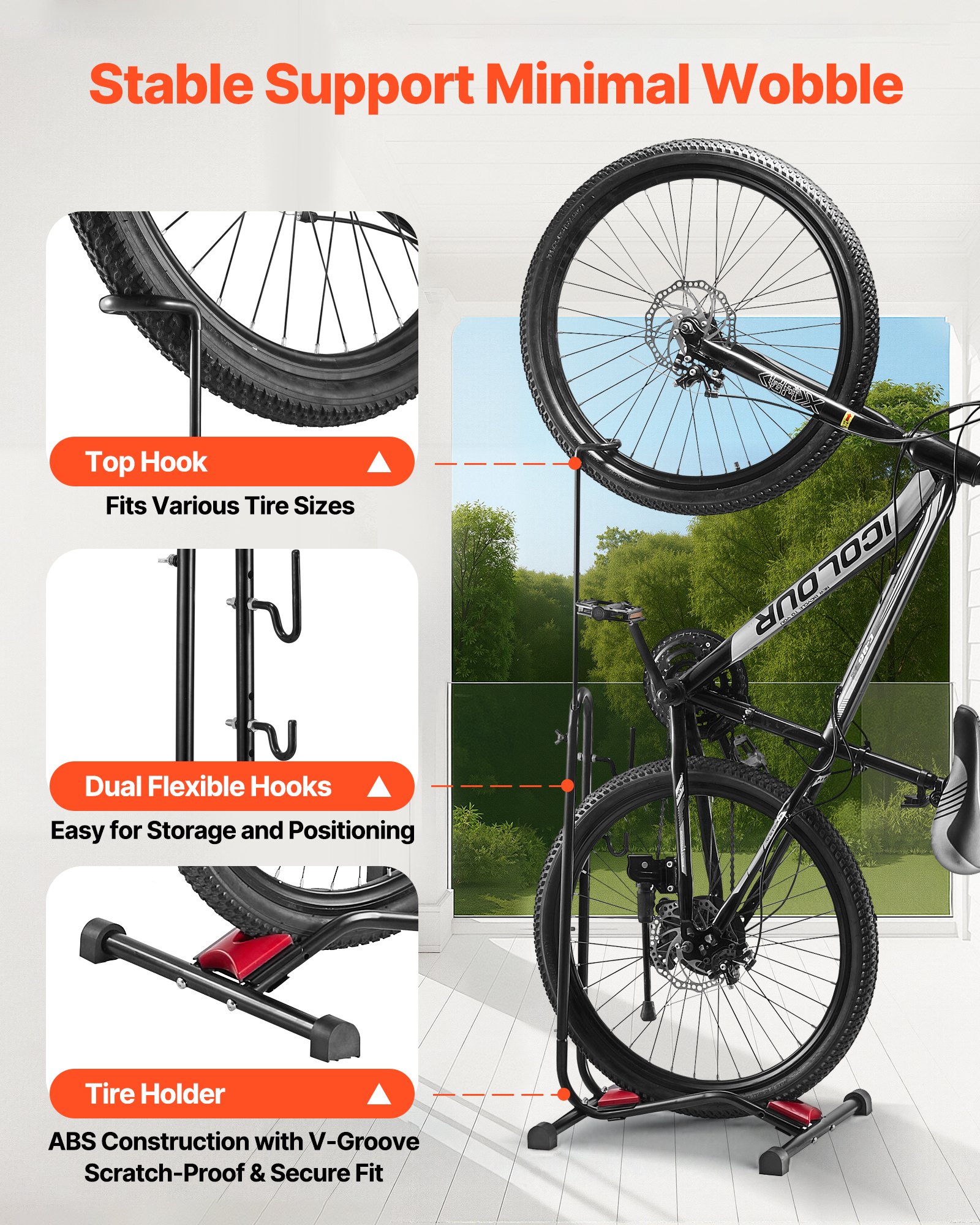 Bike Rack, Upright Bike Stand Floor for 406.4 to 700 mm Mountain & Road Bikes, Vertical & Horizontal Bicycle Stand for Secure Parking and Storage in Garage, Truck Bed, Indoor, Outdoor, Black - Image 6