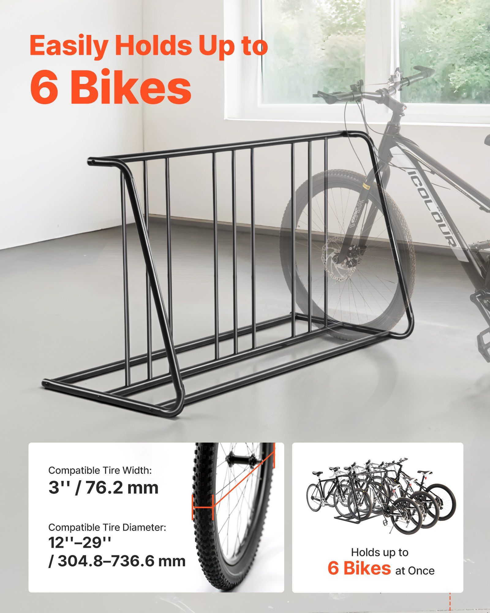 Bike Rack, Fits Tire Width 3 Inch/76.2 mm, Carbon Steel Double-Sided Grid Bike Rack Stand, Freestanding Bicycle Storage Holder for Curbside, Garage, Indoor, Outdoor Parking, 6-Bicycle Capacity - Image 2