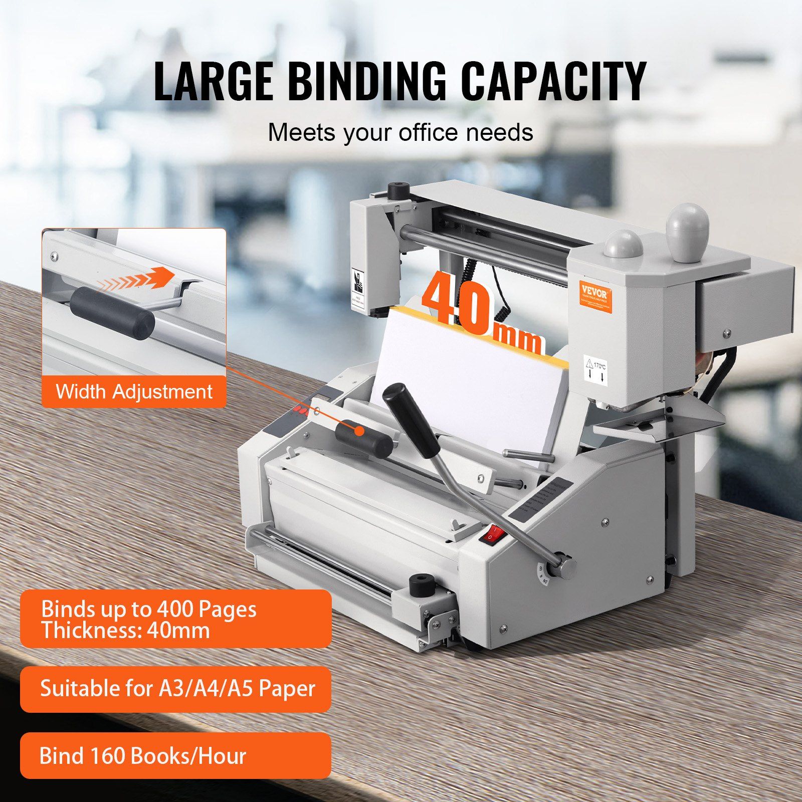Thermal Binding Machine, 400 Sheets Capacity Hot Glue Binding Machine, Thermal Book Binder 50mm Binding Thickness A3(Short Edge)/A4/A5 Document with Milling Cutter - Image 4