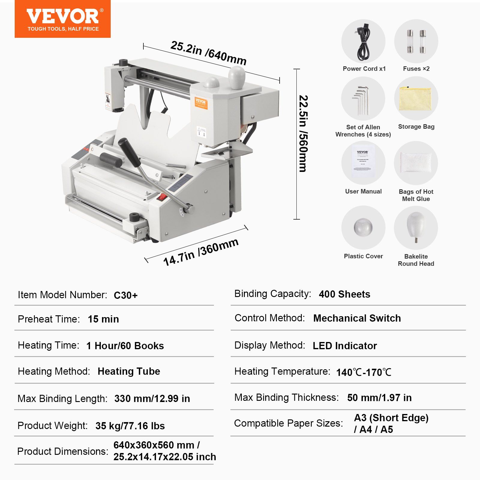 Thermal Binding Machine, 400 Sheets Capacity Hot Glue Binding Machine, Thermal Book Binder 50mm Binding Thickness A3(Short Edge)/A4/A5 Document with Milling Cutter - Image 7