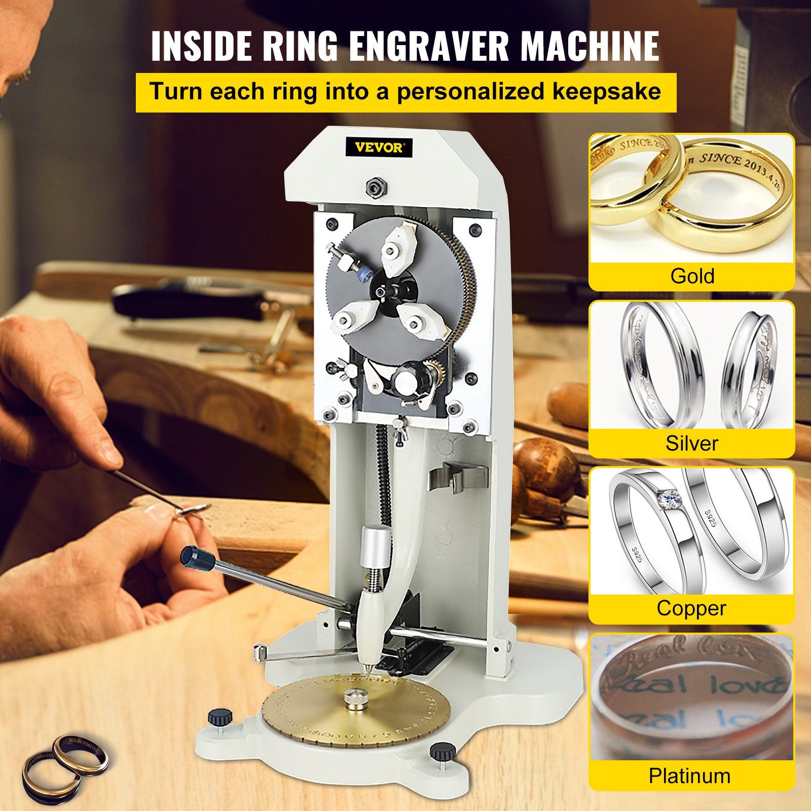 Inside Ring Engraver, Double Sided Dial Ring Engraver Stamper, 1.5mm-2.0mm Character Letter Block Ring Engraving Machine, Aluminum Alloy Body, with 3 Clamps, for Jewelry Rings Inner Engraving - Image 2