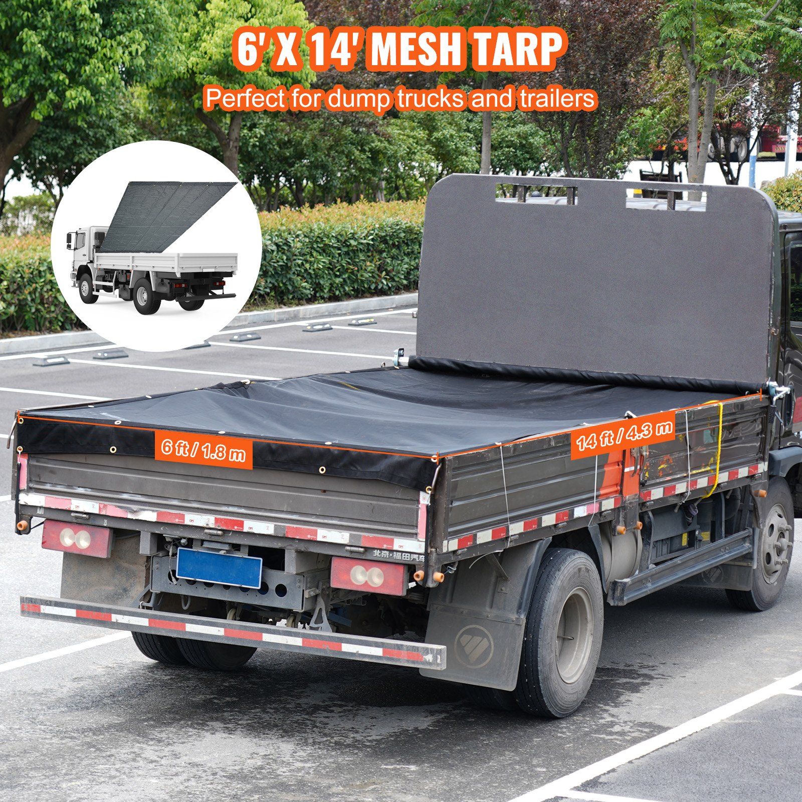 Dump Truck Mesh Tarp, 6 x 14 ft, PVC Coated Black Heavy Duty Cover with 5.5
