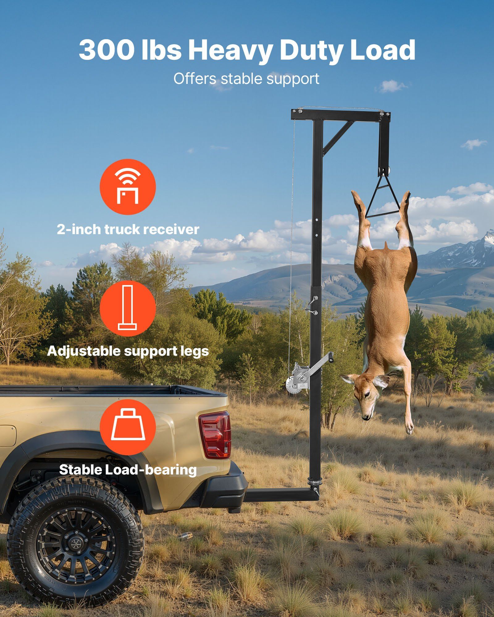 Truck Hitch Game Hoist, 300 lbs Load Capacity, Hunting Deer Hoist with 2-inch Receiver, 360-Degree Swivel Shaft & Adjustable Height, Includes Gambrel Winch for Skinning & Cleaning Game - Image 2