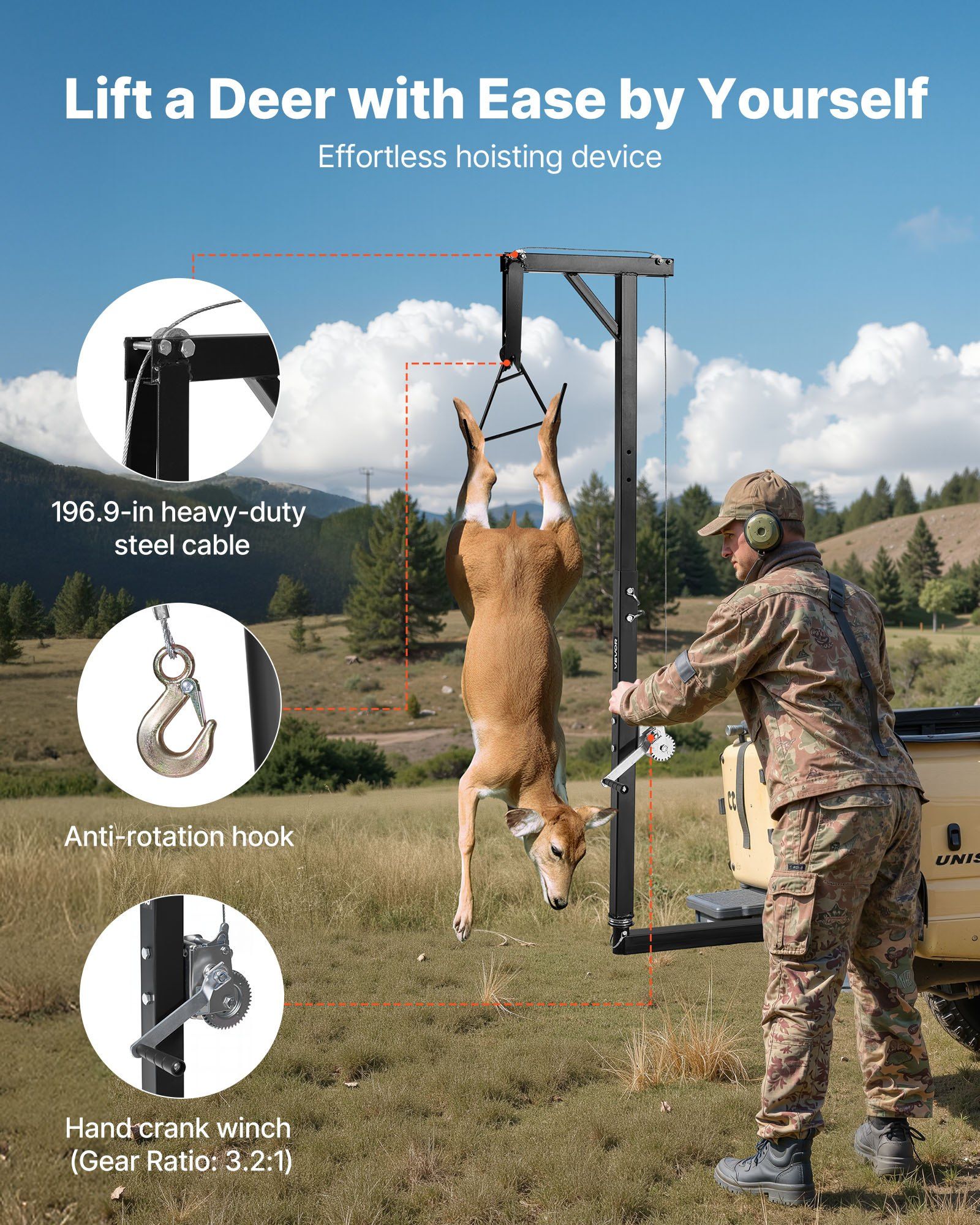 Truck Hitch Game Hoist, 300 lbs Load Capacity, Hunting Deer Hoist with 2-inch Receiver, 360-Degree Swivel Shaft & Adjustable Height, Includes Gambrel Winch for Skinning & Cleaning Game - Image 3