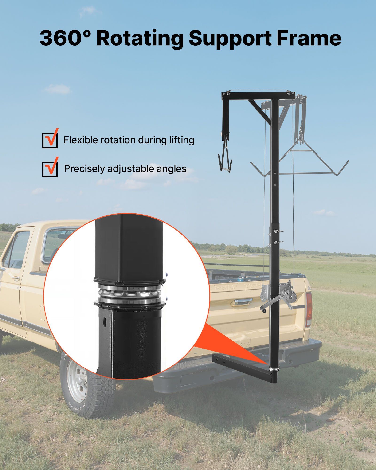 Truck Hitch Game Hoist, 300 lbs Load Capacity, Hunting Deer Hoist with 2-inch Receiver, 360-Degree Swivel Shaft & Adjustable Height, Includes Gambrel Winch for Skinning & Cleaning Game - Image 4