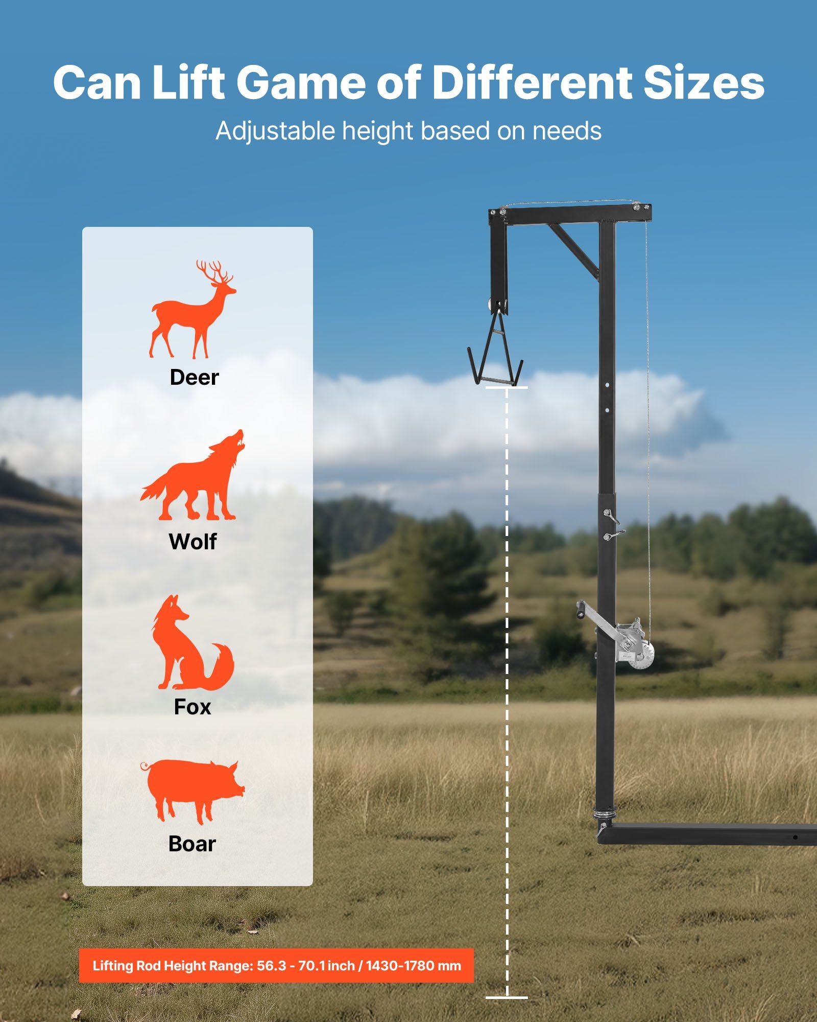 Truck Hitch Game Hoist, 300 lbs Load Capacity, Hunting Deer Hoist with 2-inch Receiver, 360-Degree Swivel Shaft & Adjustable Height, Includes Gambrel Winch for Skinning & Cleaning Game - Image 5