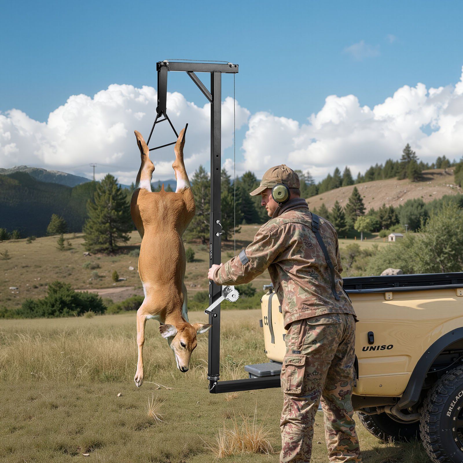 Truck Hitch Game Hoist, 300 lbs Load Capacity, Hunting Deer Hoist with 2-inch Receiver, 360-Degree Swivel Shaft & Adjustable Height, Includes Gambrel Winch for Skinning & Cleaning Game - Image 8