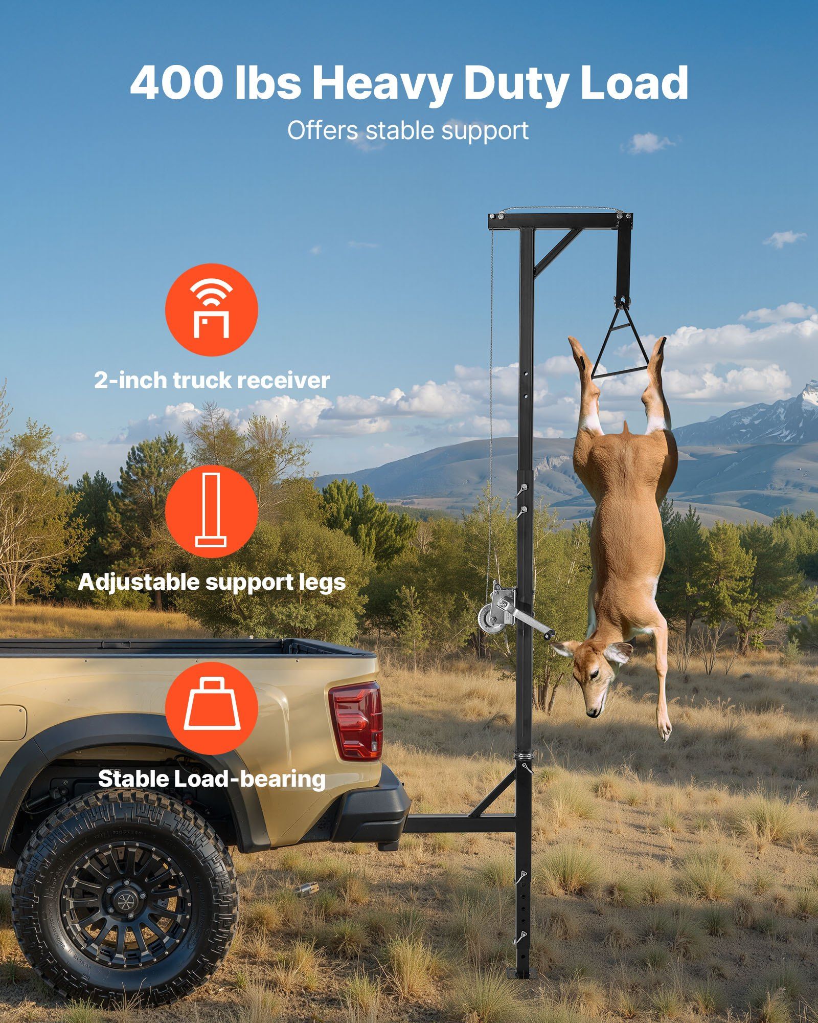 Truck Hitch Game Hoist, 400 lbs Load Capacity, Hunting Deer Hoist with 2-inch Receiver, 360-Degree Swivel Shaft & Adjustable Height, Includes Gambrel Winch for Skinning & Cleaning Game - Image 2