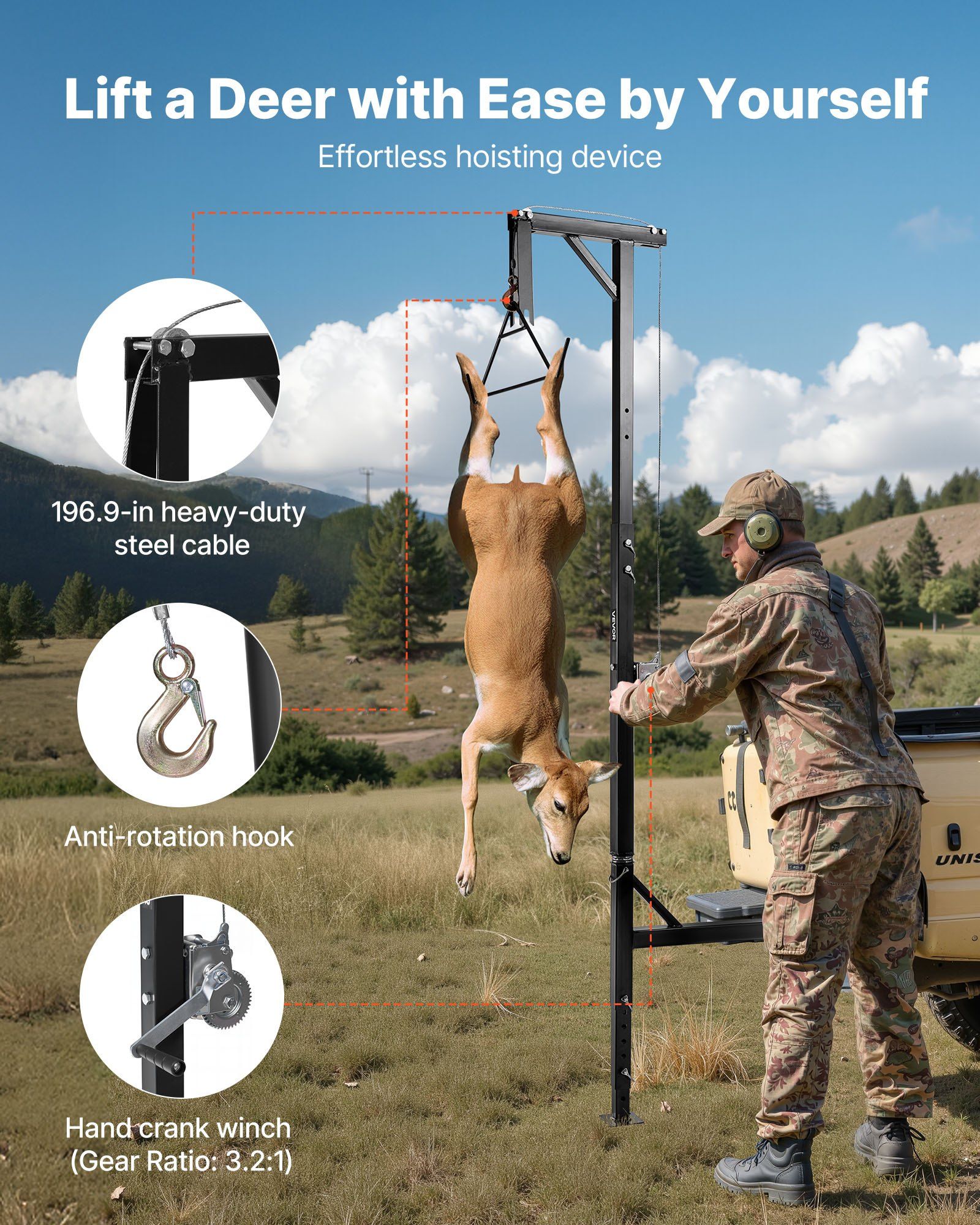 Truck Hitch Game Hoist, 400 lbs Load Capacity, Hunting Deer Hoist with 2-inch Receiver, 360-Degree Swivel Shaft & Adjustable Height, Includes Gambrel Winch for Skinning & Cleaning Game - Image 3
