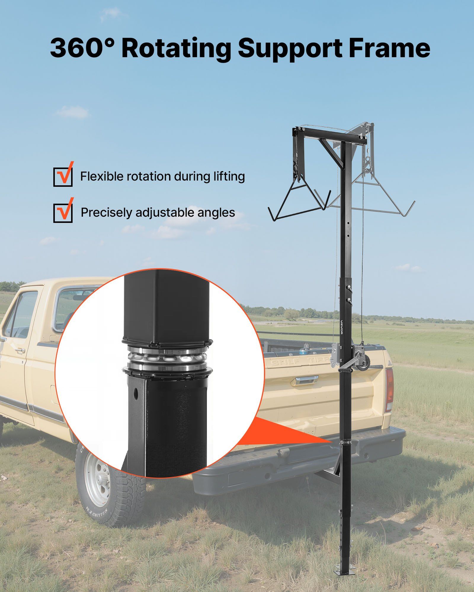Truck Hitch Game Hoist, 400 lbs Load Capacity, Hunting Deer Hoist with 2-inch Receiver, 360-Degree Swivel Shaft & Adjustable Height, Includes Gambrel Winch for Skinning & Cleaning Game - Image 4