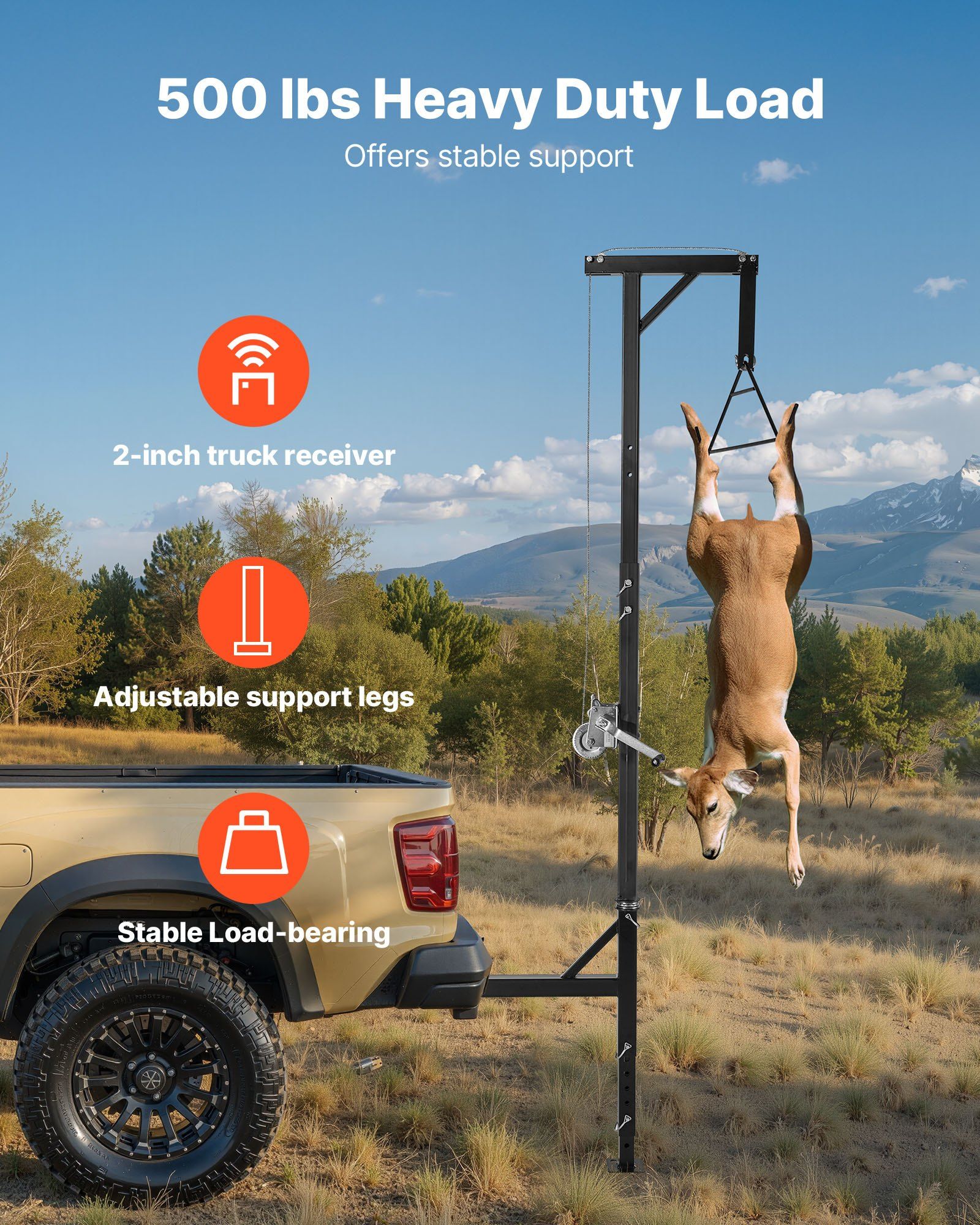 Truck Hitch Game Hoist, 500 lbs Load Capacity, Hunting Deer Hoist with 2-inch Receiver, 360-Degree Swivel Shaft & Adjustable Height, Includes Gambrel Winch for Skinning & Cleaning Game - Image 2