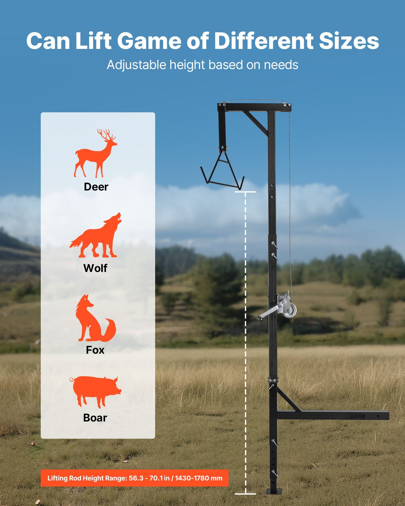 Truck Hitch Game Hoist, 600 lbs Load Capacity, Hunting Deer Hoist with 2-inch Receiver, 360-Degree Swivel Shaft & Adjustable Height, Includes Gambrel Winch for Skinning & Cleaning Game - Image 5