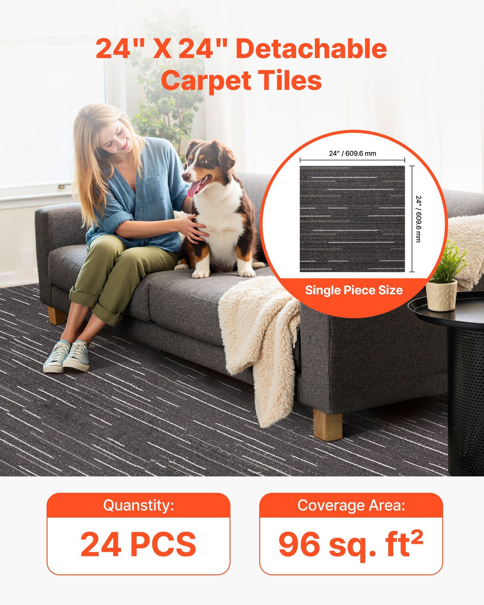 Carpet Tiles Reusable 610x610 mm, 24 PCS Modular Carpet Square Rug, Commercial Floor Soft Padded for Seamless Cover 8.9㎡, Easy DIY Replacement for Living Room Bedroom Office Indoor, Gray - Image 2