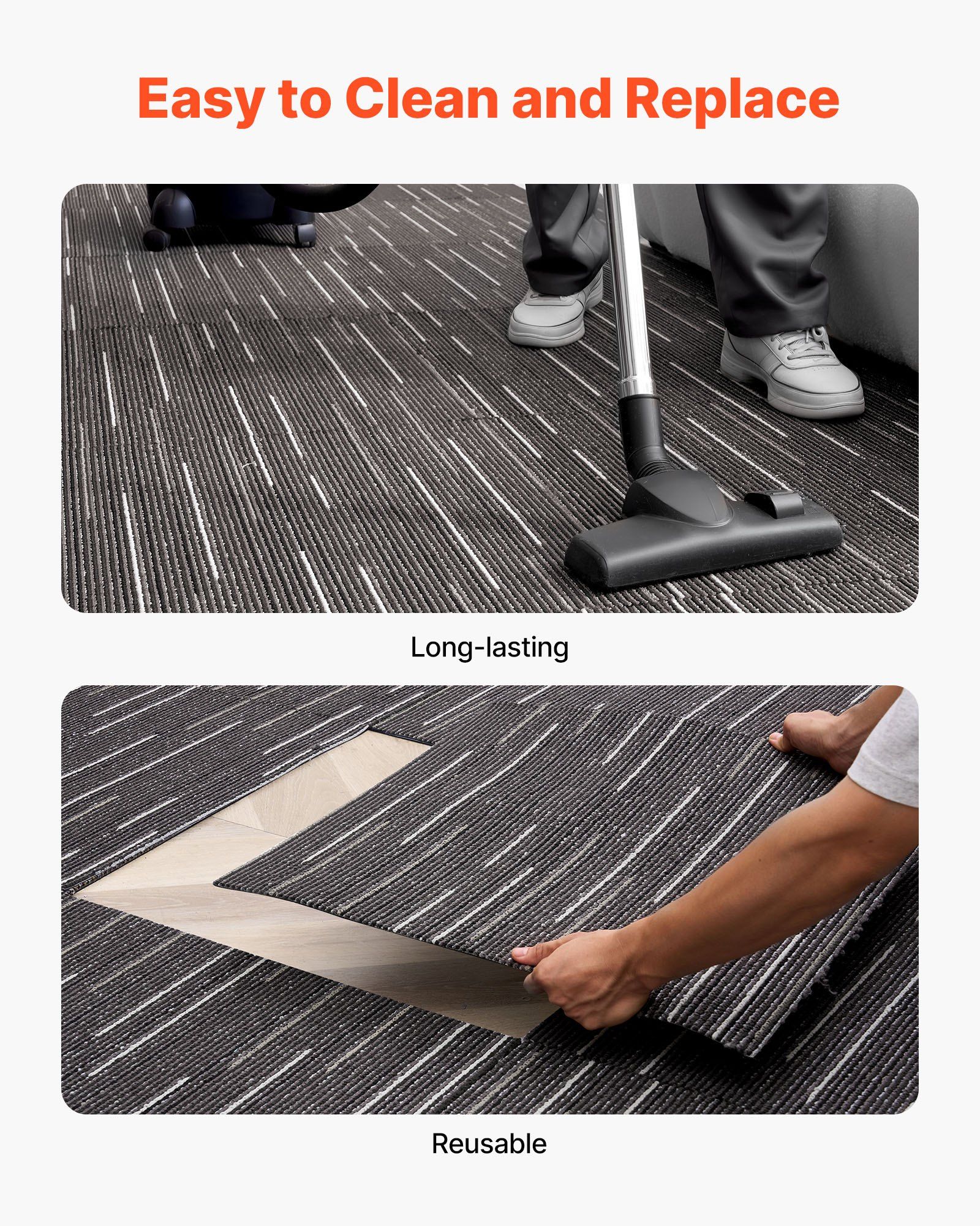 Carpet Tiles Reusable 610x610 mm, 24 PCS Modular Carpet Square Rug, Commercial Floor Soft Padded for Seamless Cover 8.9㎡, Easy DIY Replacement for Living Room Bedroom Office Indoor, Gray - Image 6