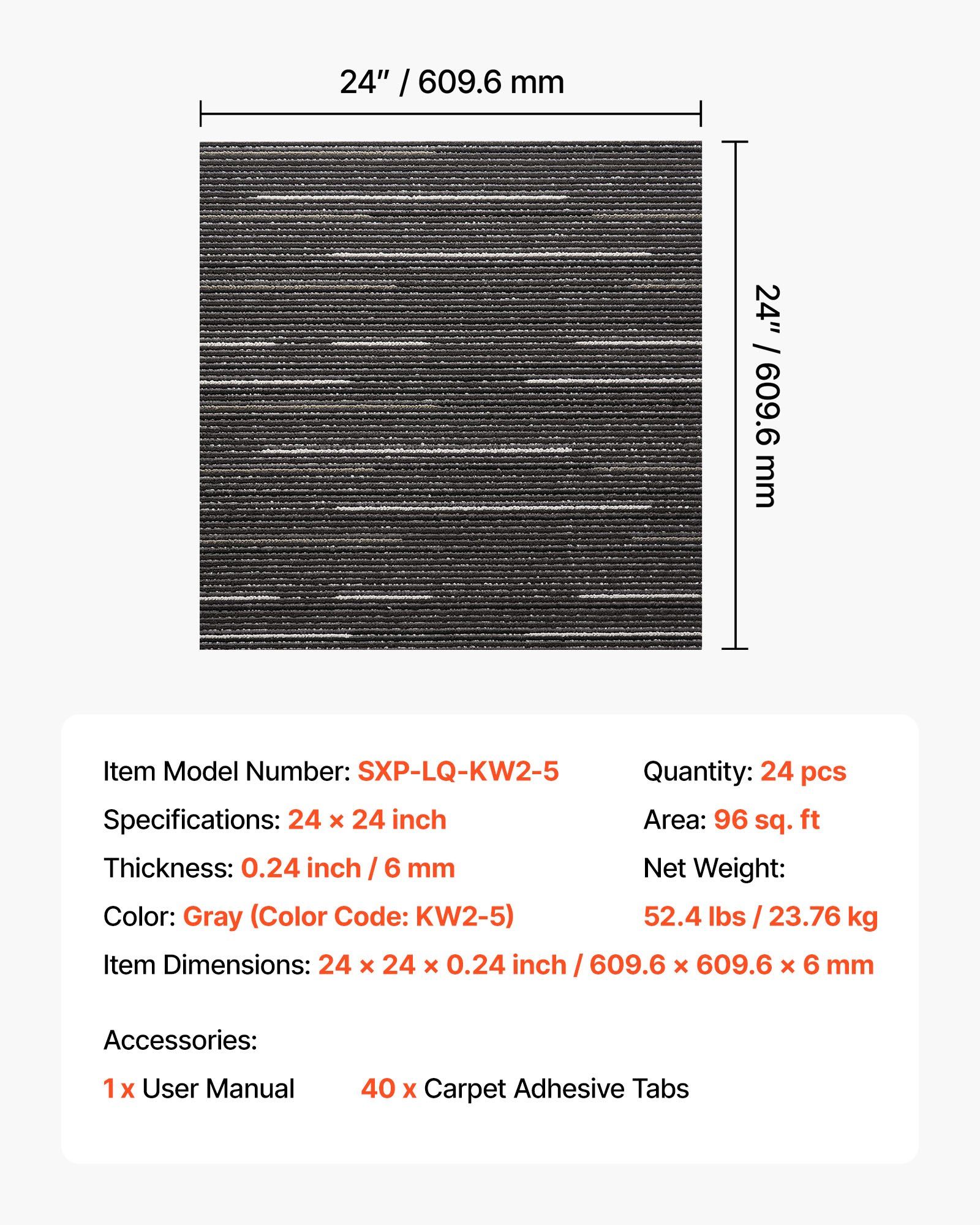 Carpet Tiles Reusable 610x610 mm, 24 PCS Modular Carpet Square Rug, Commercial Floor Soft Padded for Seamless Cover 8.9㎡, Easy DIY Replacement for Living Room Bedroom Office Indoor, Gray - Image 7