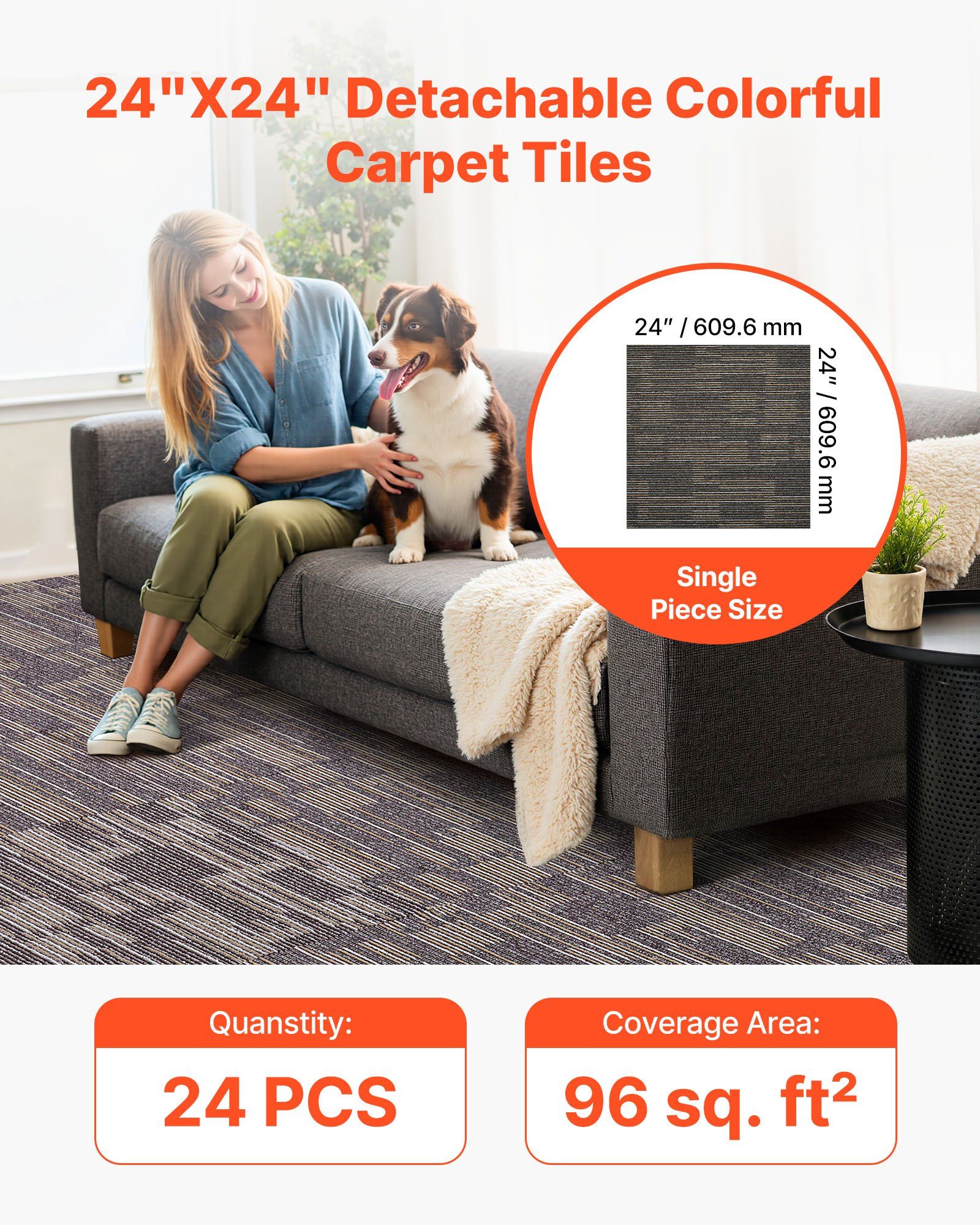 Carpet Tiles Reusable 610x610 mm, 24 PCS Modular Carpet Square Rug, Commercial Floor Soft Padded for Seamless Cover 8.9㎡, Easy DIY Replacement for Living Room Bedroom Indoor, Gray & Brown - Image 2