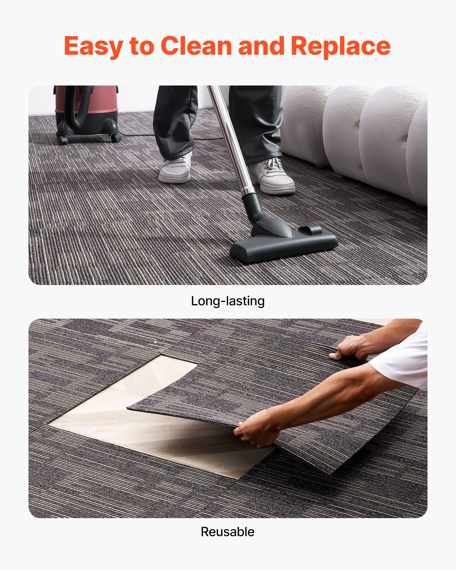 Carpet Tiles Reusable 610x610 mm, 24 PCS Modular Carpet Square Rug, Commercial Floor Soft Padded for Seamless Cover 8.9㎡, Easy DIY Replacement for Living Room Bedroom Indoor, Gray & Brown - Image 6