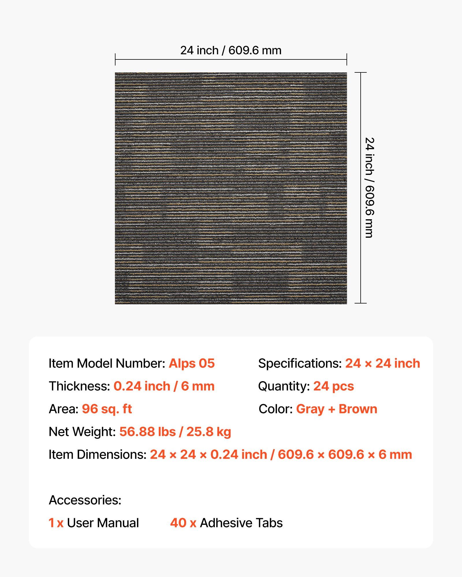 Carpet Tiles Reusable 610x610 mm, 24 PCS Modular Carpet Square Rug, Commercial Floor Soft Padded for Seamless Cover 8.9㎡, Easy DIY Replacement for Living Room Bedroom Indoor, Gray & Brown - Image 7