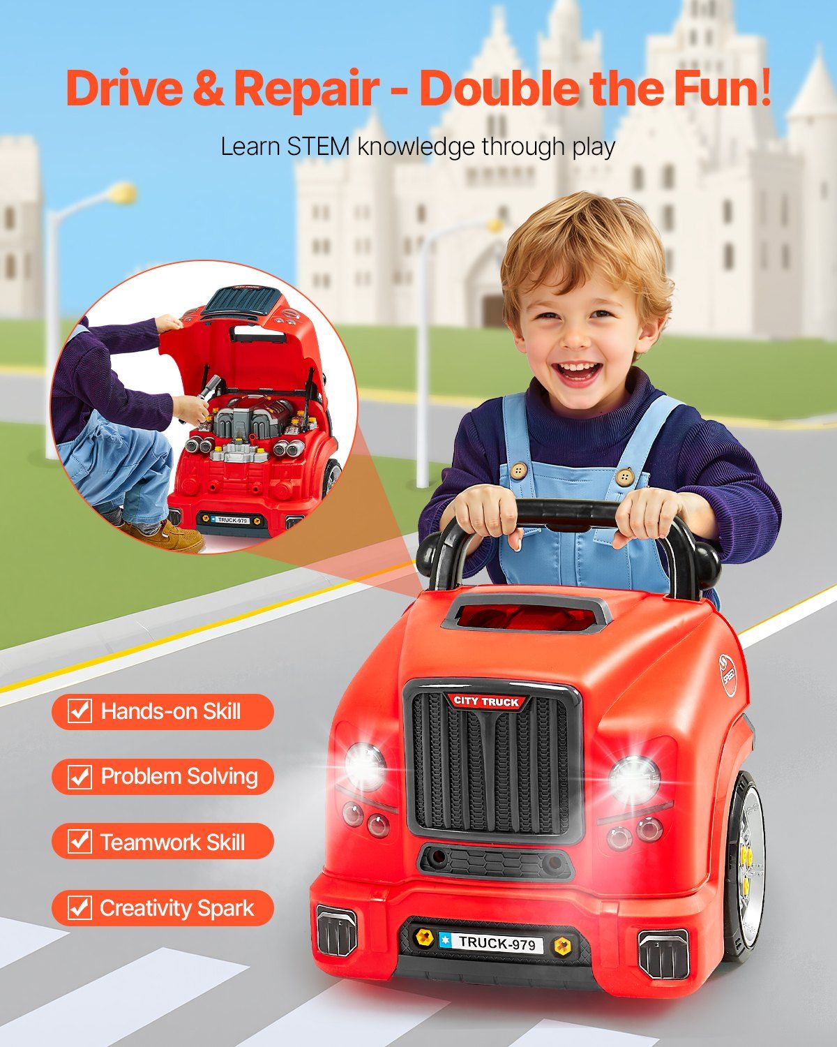 Engine Toy, 60 Pieces, Kids Mechanic Car Repair Set with Removable Parts, Lights and Sounds, Steering Wheel and Horn, Kids Mechanic Workshop Set for Toddler Ages 3 Years and Up, Red - Image 2