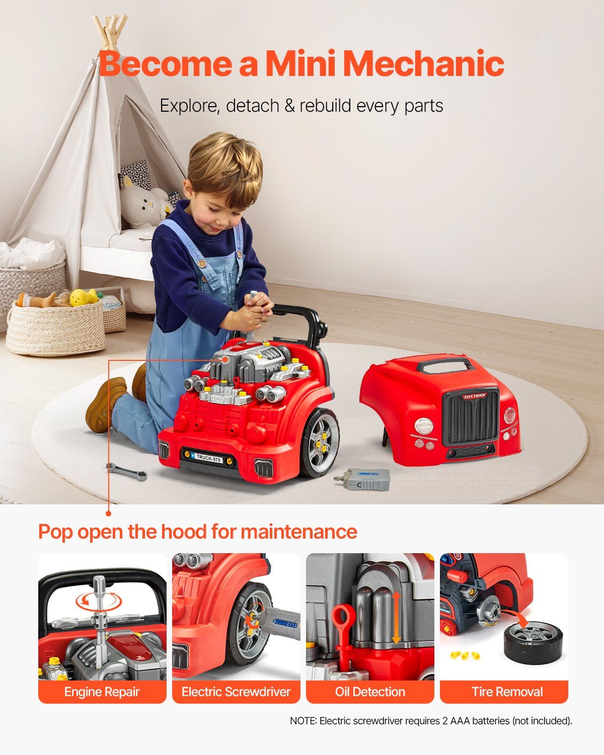 Engine Toy, 60 Pieces, Kids Mechanic Car Repair Set with Removable Parts, Lights and Sounds, Steering Wheel and Horn, Kids Mechanic Workshop Set for Toddler Ages 3 Years and Up, Red - Image 3