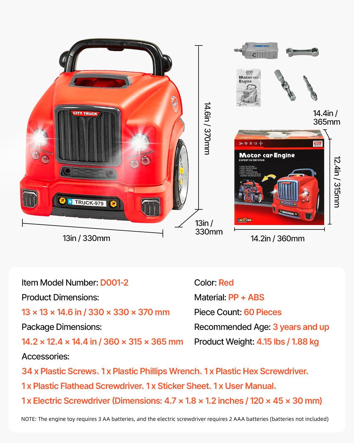 Engine Toy, 60 Pieces, Kids Mechanic Car Repair Set with Removable Parts, Lights and Sounds, Steering Wheel and Horn, Kids Mechanic Workshop Set for Toddler Ages 3 Years and Up, Red - Image 7