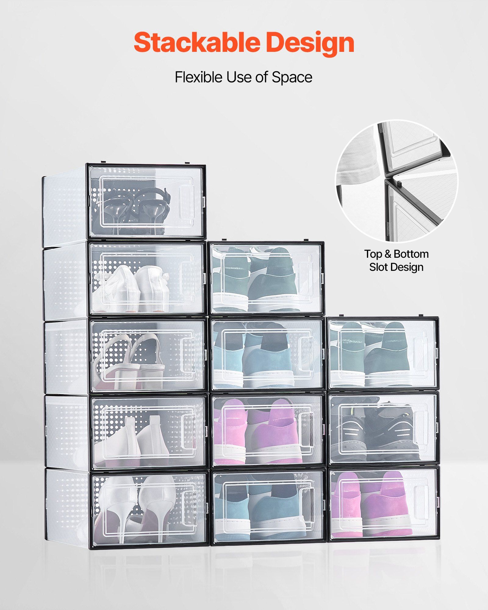 Shoe Storage Boxes, 12 Pack Stackable Shoe Boxes Storage Organizers, Fit up to US Size 11, Plastic Modular Space Saving Sneaker Containers for Storing High Heels, Boots, and Hats, Black Frame - Image 2
