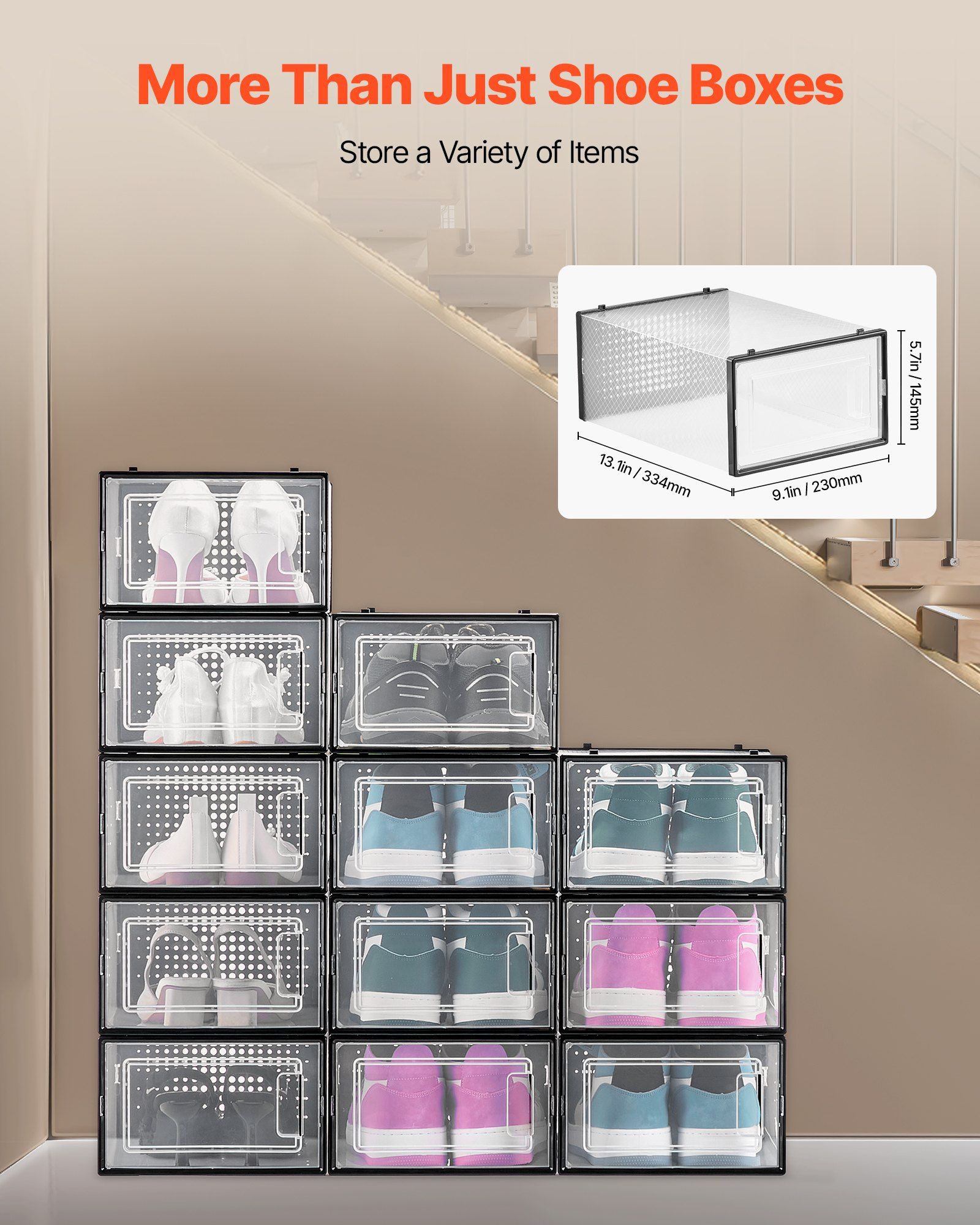 Shoe Storage Boxes, 12 Pack Stackable Shoe Boxes Storage Organizers, Fit up to US Size 11, Plastic Modular Space Saving Sneaker Containers for Storing High Heels, Boots, and Hats, Black Frame - Image 4