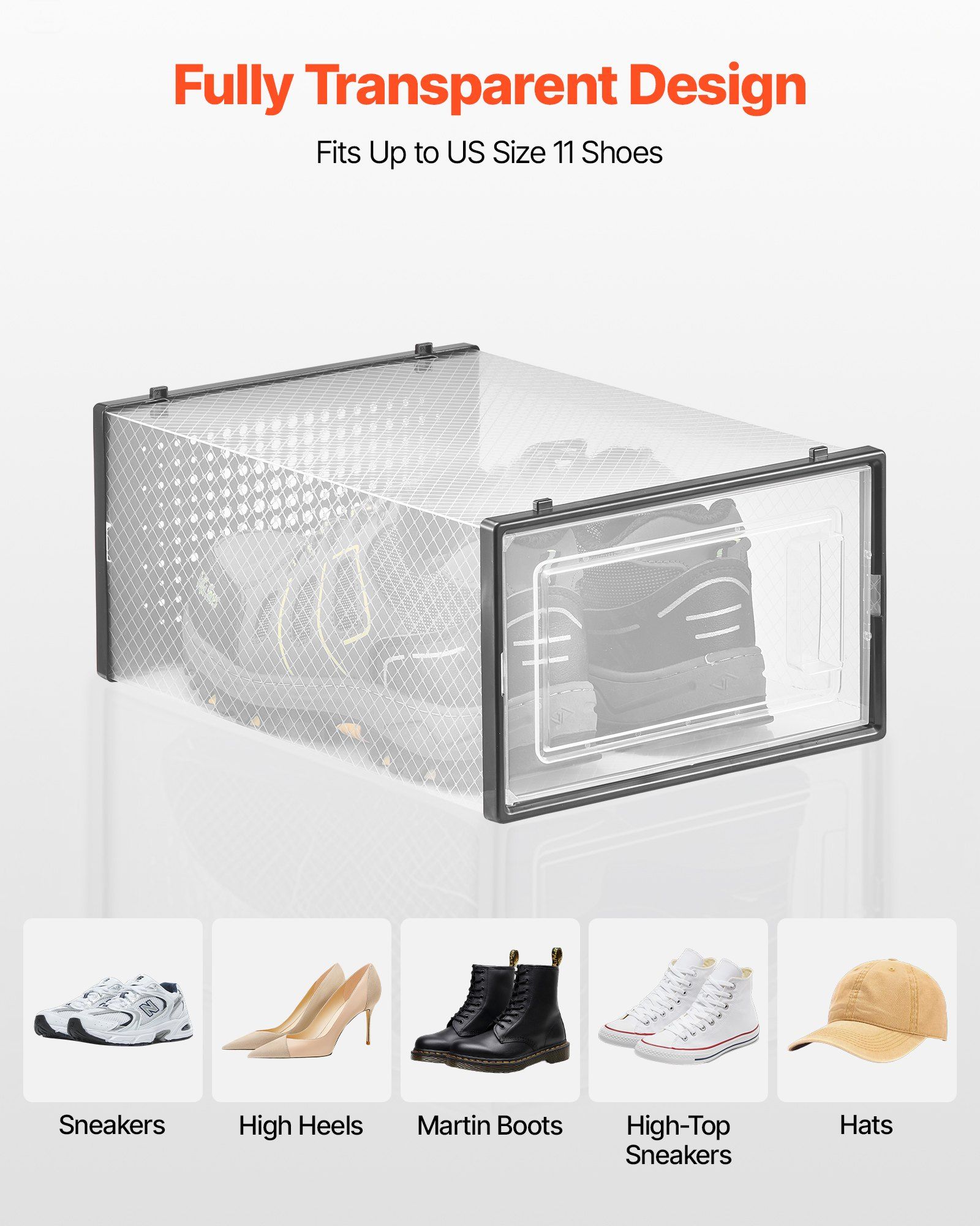 Shoe Storage Boxes, 12 Pack Stackable Shoe Boxes Storage Organizers, Fit up to US Size 11, Plastic Modular Space Saving Sneaker Containers for Storing High Heels, Boots, and Hats, Black Frame - Image 6