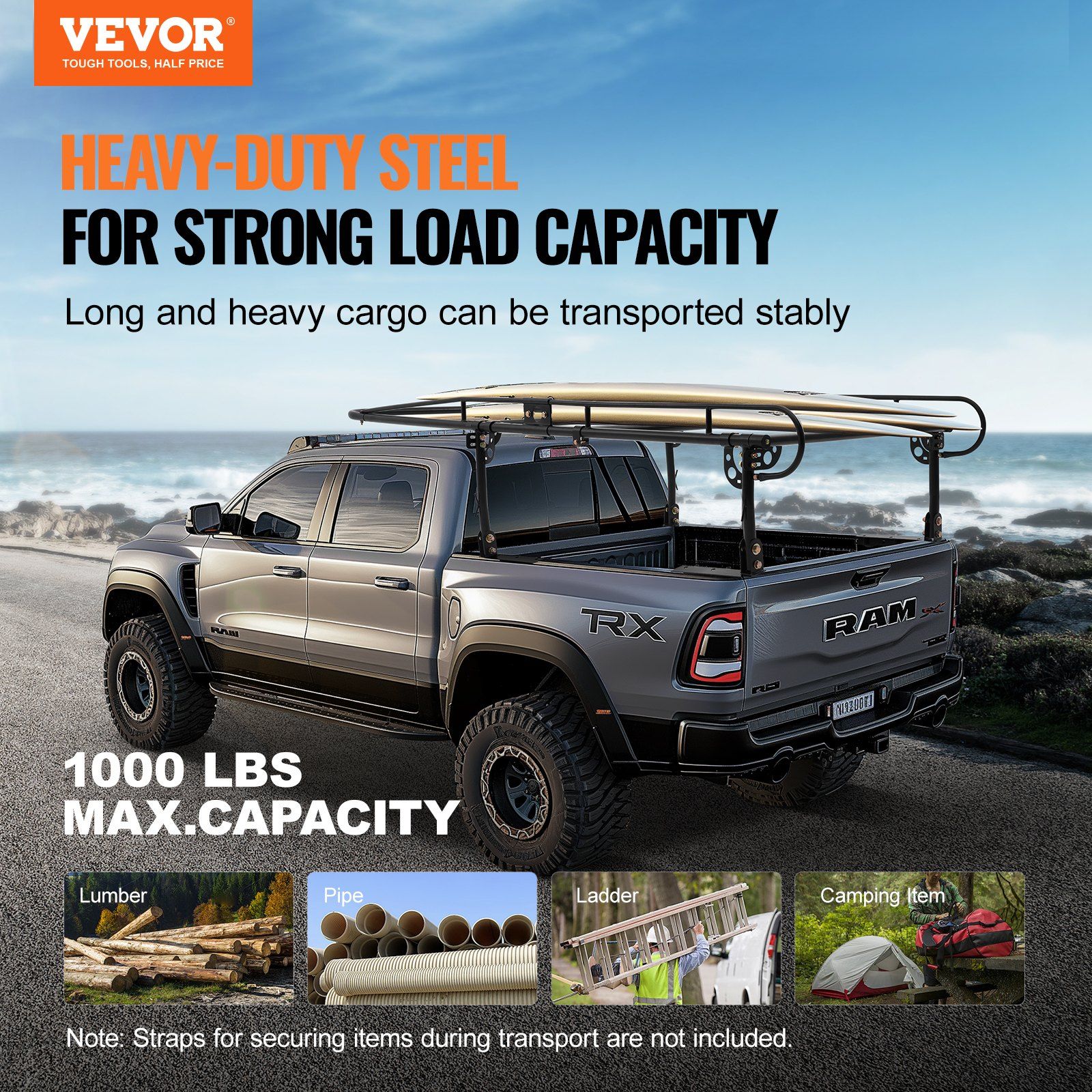 Truck Ladder Rack, 1000 LBS / 454 KG Strong Capacity Truck Racks, Non-Drilling / Drilling Installation for Long or Heavy Cargo, 43.3-63 inch Adjustable Width for Kayak, Ladder, Surfboard, Lumber - Image 2