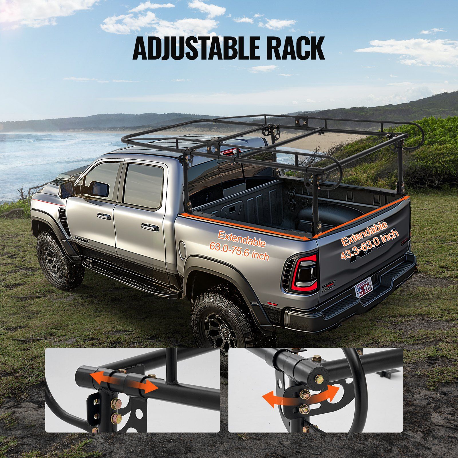 Truck Ladder Rack, 1000 LBS / 454 KG Strong Capacity Truck Racks, Non-Drilling / Drilling Installation for Long or Heavy Cargo, 43.3-63 inch Adjustable Width for Kayak, Ladder, Surfboard, Lumber - Image 3