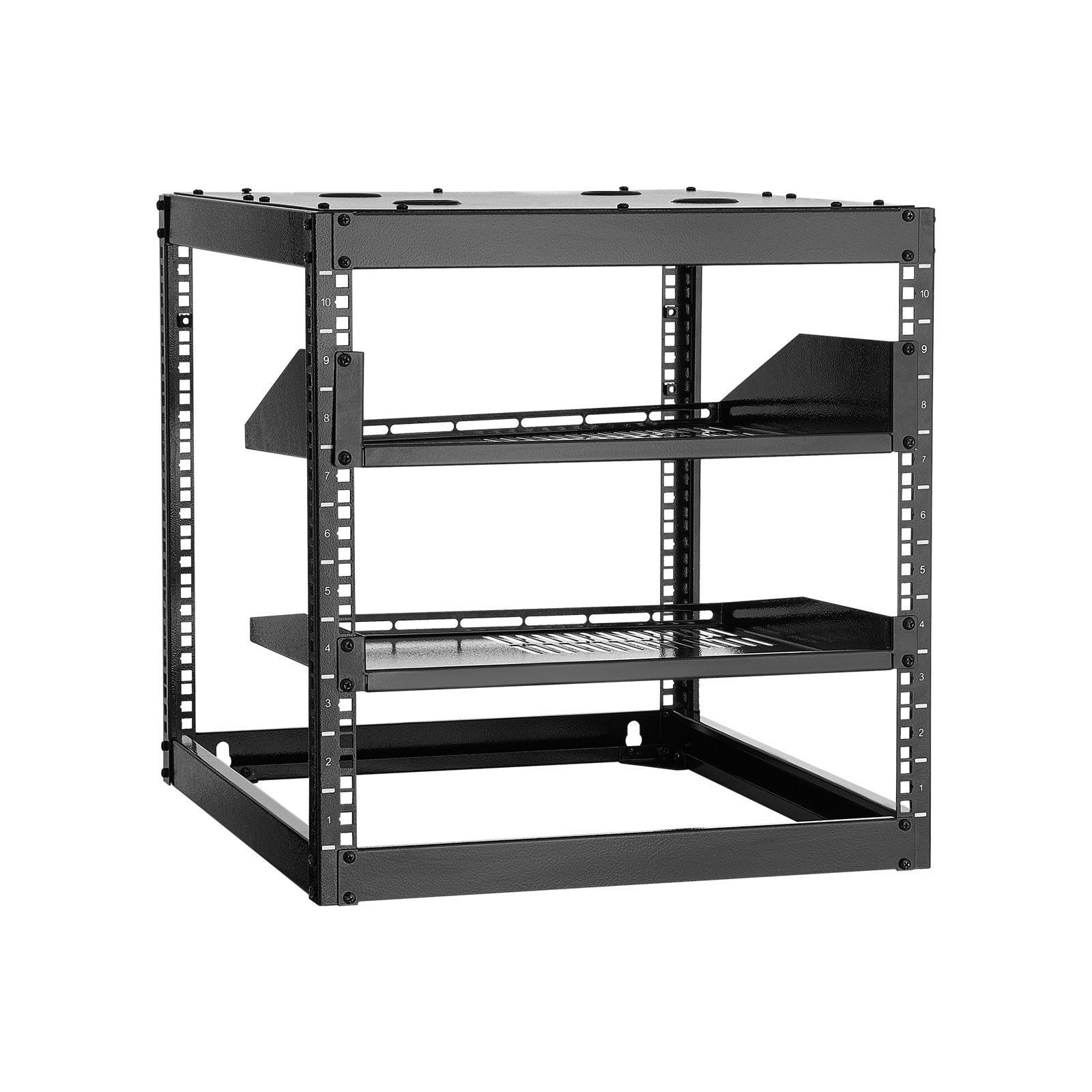 10U Open Frame Network Rack, 585 mm Depth, Wall Mounted or Floor Standing Server Rack, Heavy Duty 4 Post, with Vented Shelves & Mounting Hardware, Holds All Your Networking IT Equipment AV Gear - Image 1