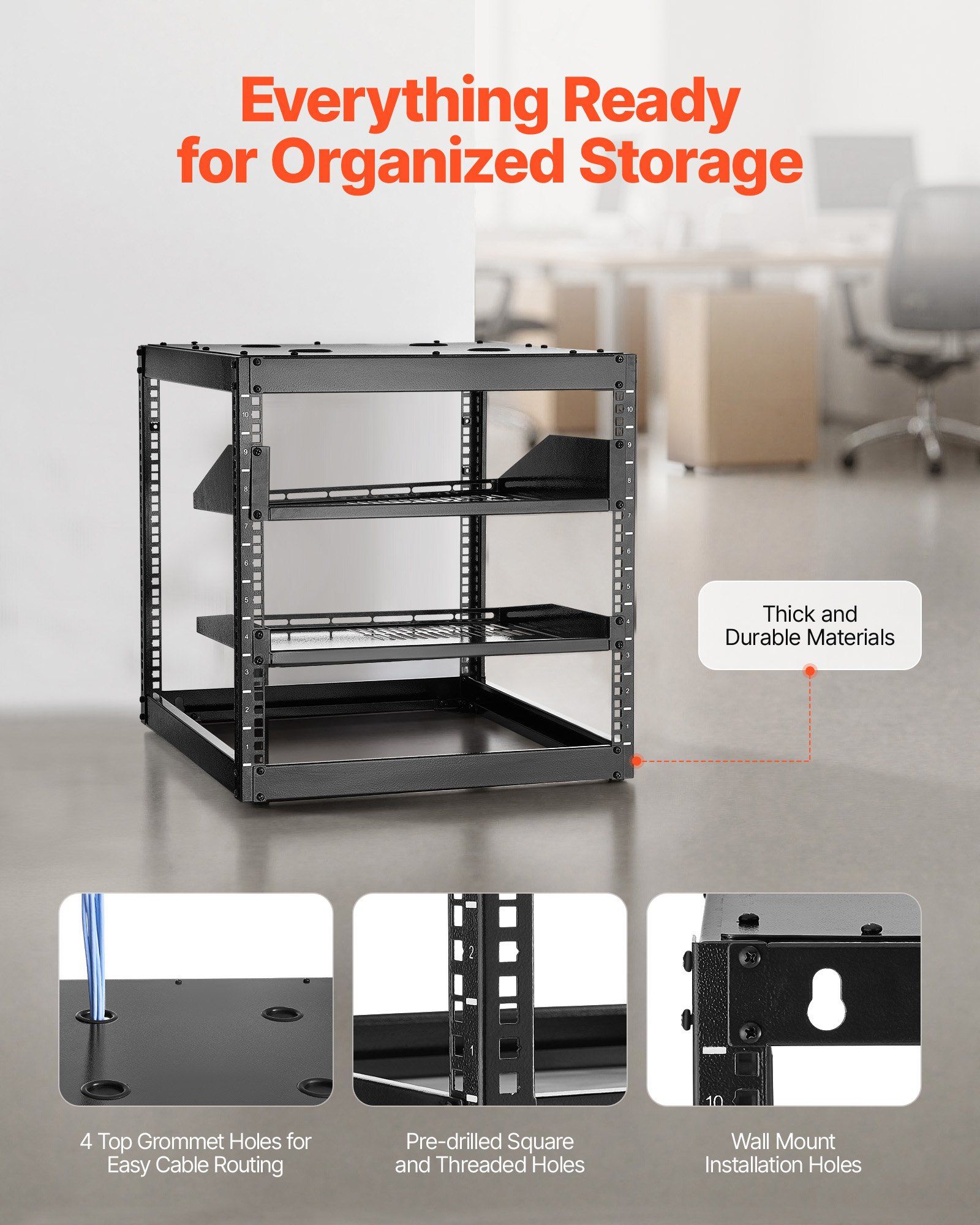 10U Open Frame Network Rack, 585 mm Depth, Wall Mounted or Floor Standing Server Rack, Heavy Duty 4 Post, with Vented Shelves & Mounting Hardware, Holds All Your Networking IT Equipment AV Gear - Image 5