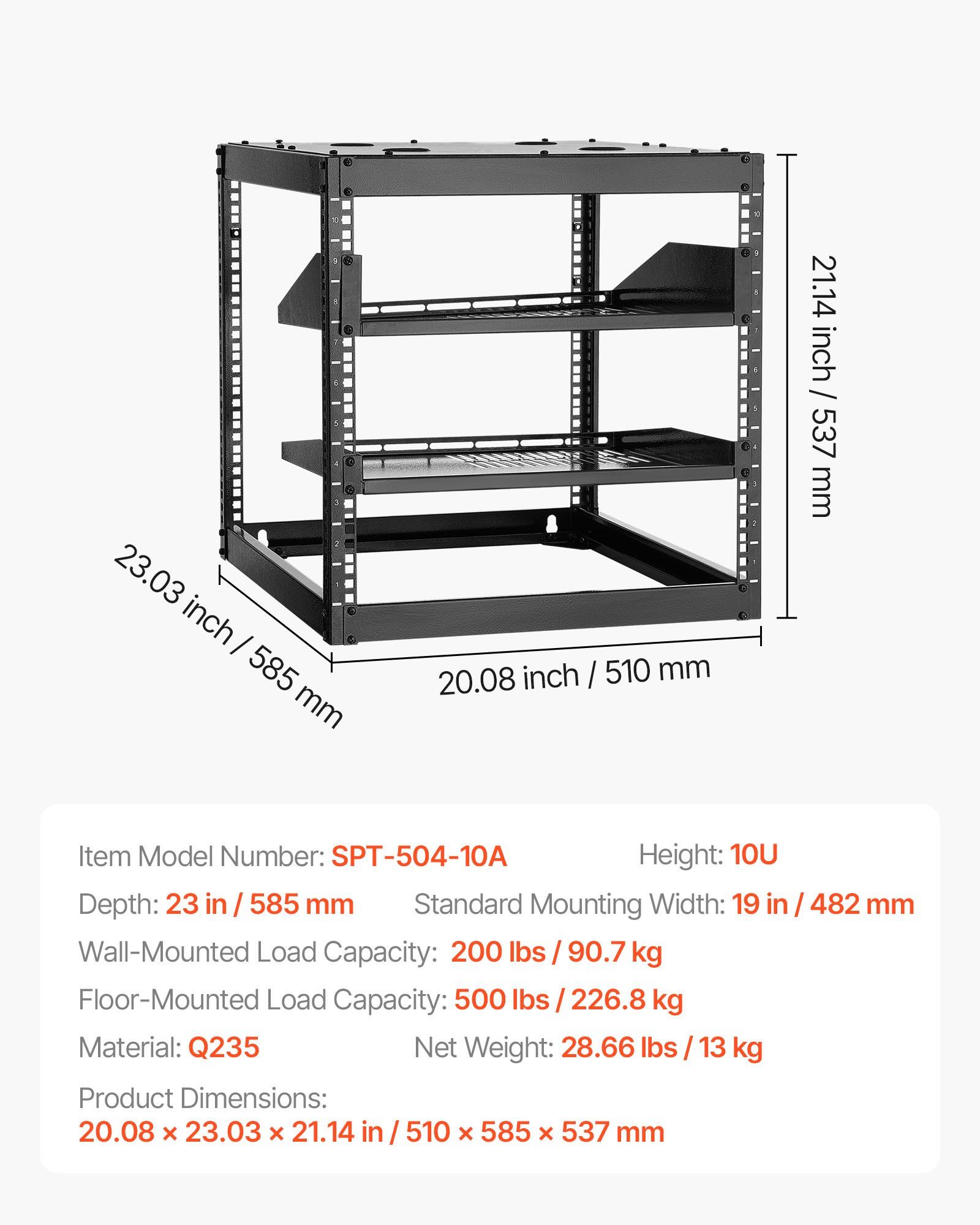 10U Open Frame Network Rack, 585 mm Depth, Wall Mounted or Floor Standing Server Rack, Heavy Duty 4 Post, with Vented Shelves & Mounting Hardware, Holds All Your Networking IT Equipment AV Gear - Image 7