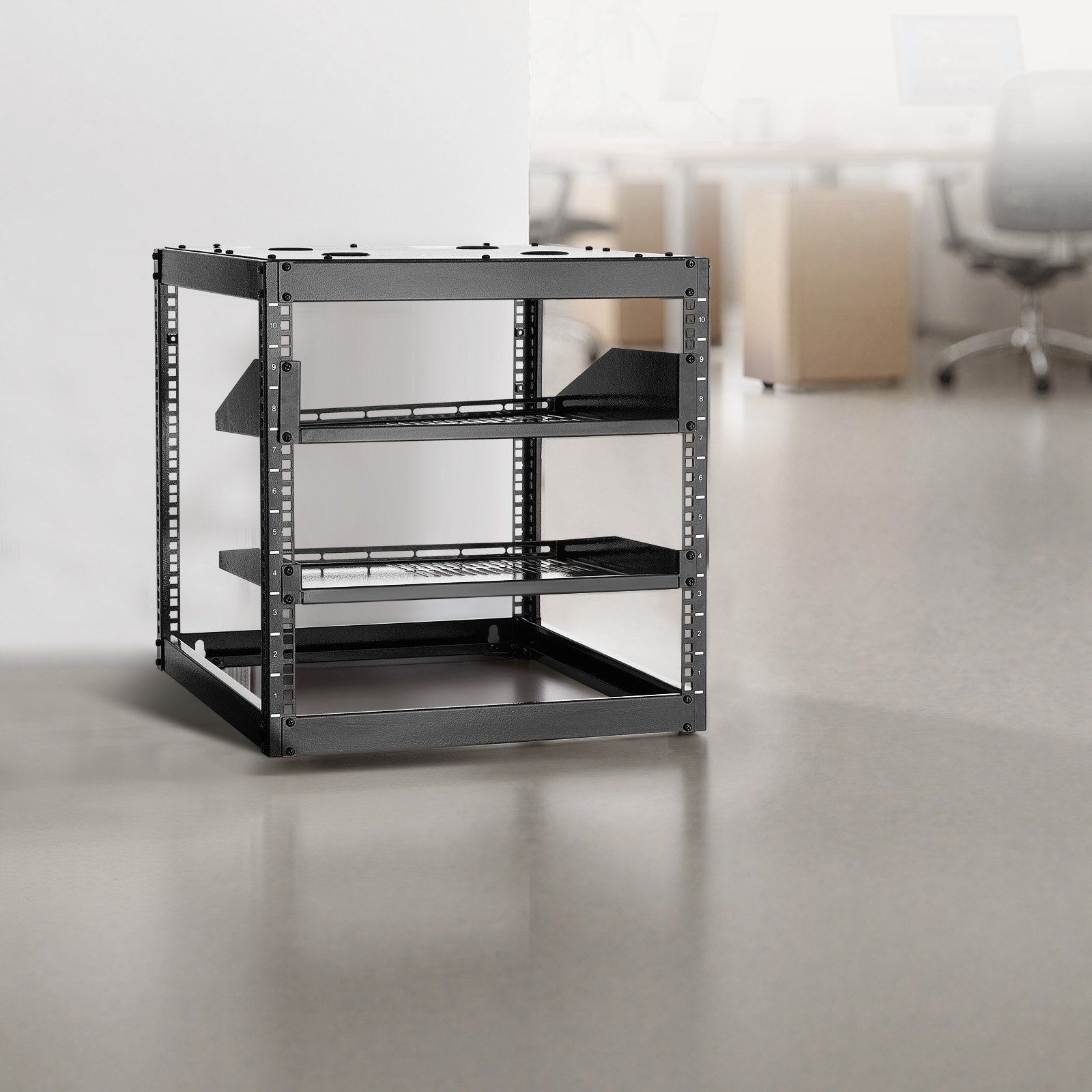 10U Open Frame Network Rack, 585 mm Depth, Wall Mounted or Floor Standing Server Rack, Heavy Duty 4 Post, with Vented Shelves & Mounting Hardware, Holds All Your Networking IT Equipment AV Gear - Image 8