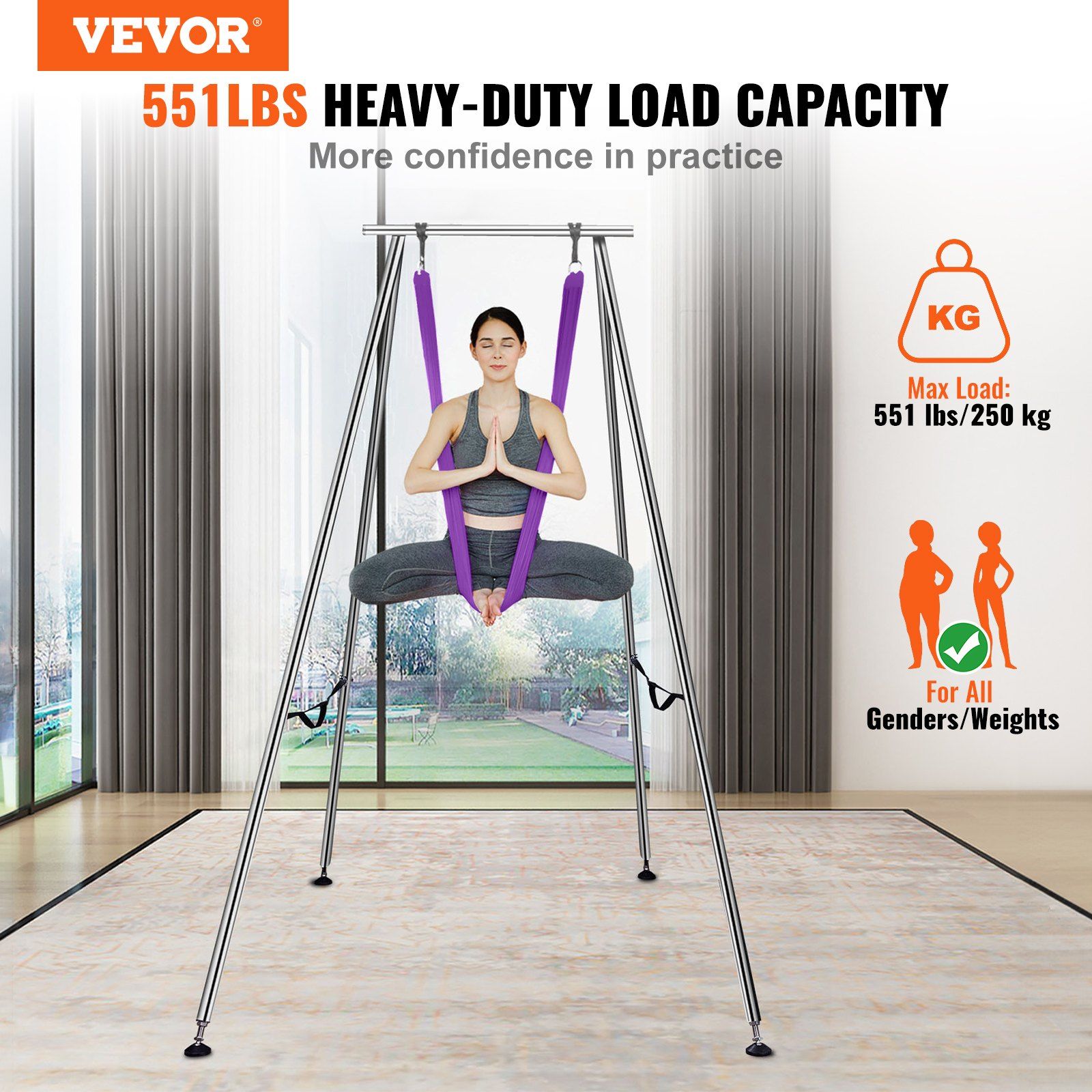 Aerial Yoga Frame & Yoga Hammock, 2950 mm Height Professional Yoga Swing Stand Comes with 12 m Length Aerial Hammock, Max 250 kg Load Capacity Yoga Rig for Indoor Outdoor Aerial Yoga, Purple - Image 2