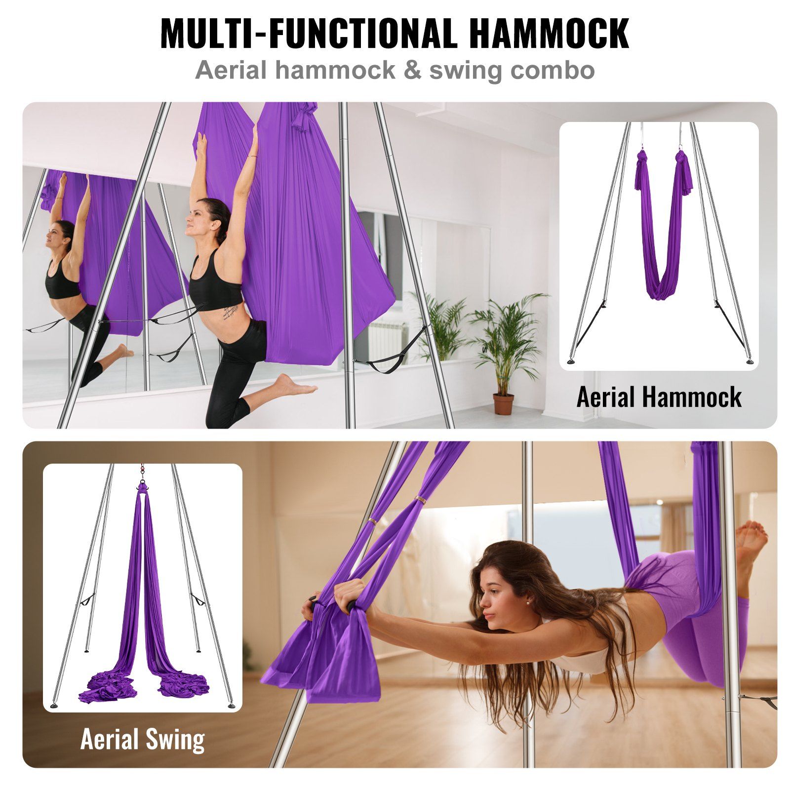 Aerial Yoga Frame & Yoga Hammock, 2950 mm Height Professional Yoga Swing Stand Comes with 12 m Length Aerial Hammock, Max 250 kg Load Capacity Yoga Rig for Indoor Outdoor Aerial Yoga, Purple - Image 6