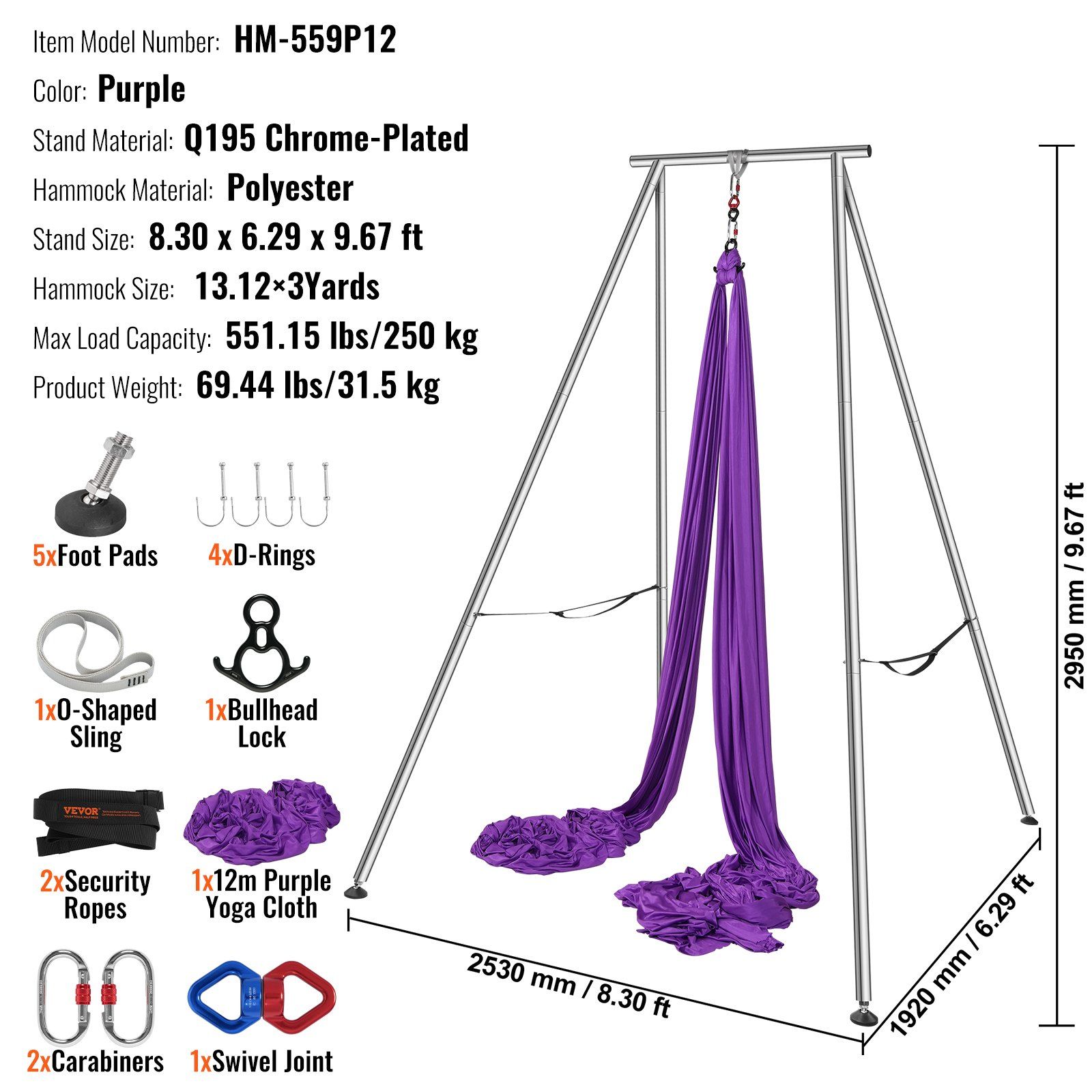 Aerial Yoga Frame & Yoga Hammock, 2950 mm Height Professional Yoga Swing Stand Comes with 12 m Length Aerial Hammock, Max 250 kg Load Capacity Yoga Rig for Indoor Outdoor Aerial Yoga, Purple - Image 7