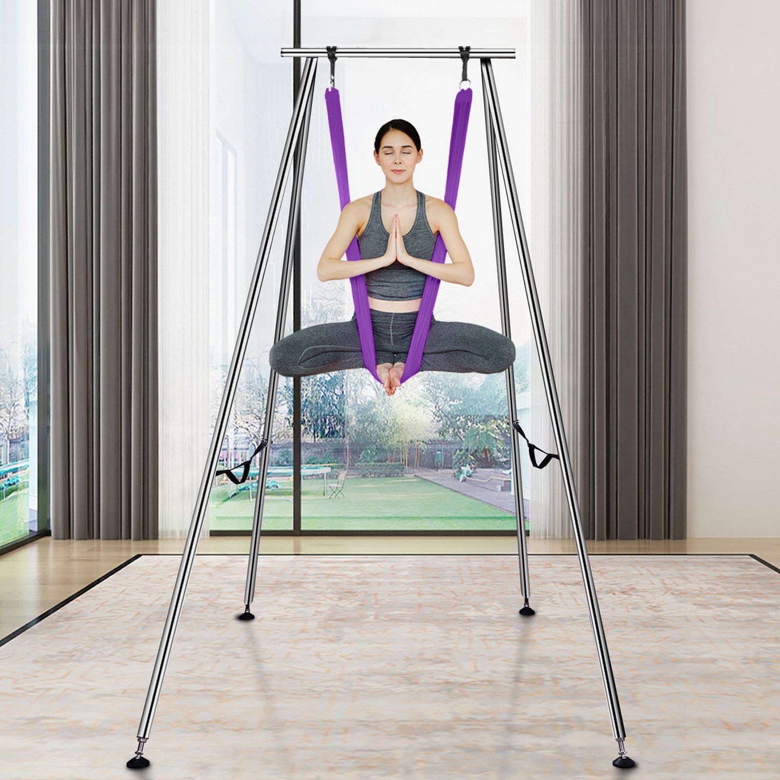 Aerial Yoga Frame & Yoga Hammock, 2950 mm Height Professional Yoga Swing Stand Comes with 12 m Length Aerial Hammock, Max 250 kg Load Capacity Yoga Rig for Indoor Outdoor Aerial Yoga, Purple - Image 8