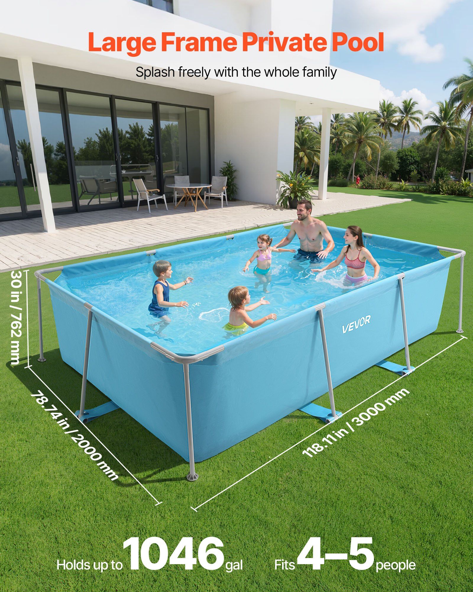 Frame Above Ground Swimming Pool, 3 x 2 x 0.762 m Rectangular Steel Metal Frame, Large Rectangle Outdoor Backyard Family Pool, Easy to Assemble Rust-Resistant, 3959.54 L Water Capacity, Blue - Image 2