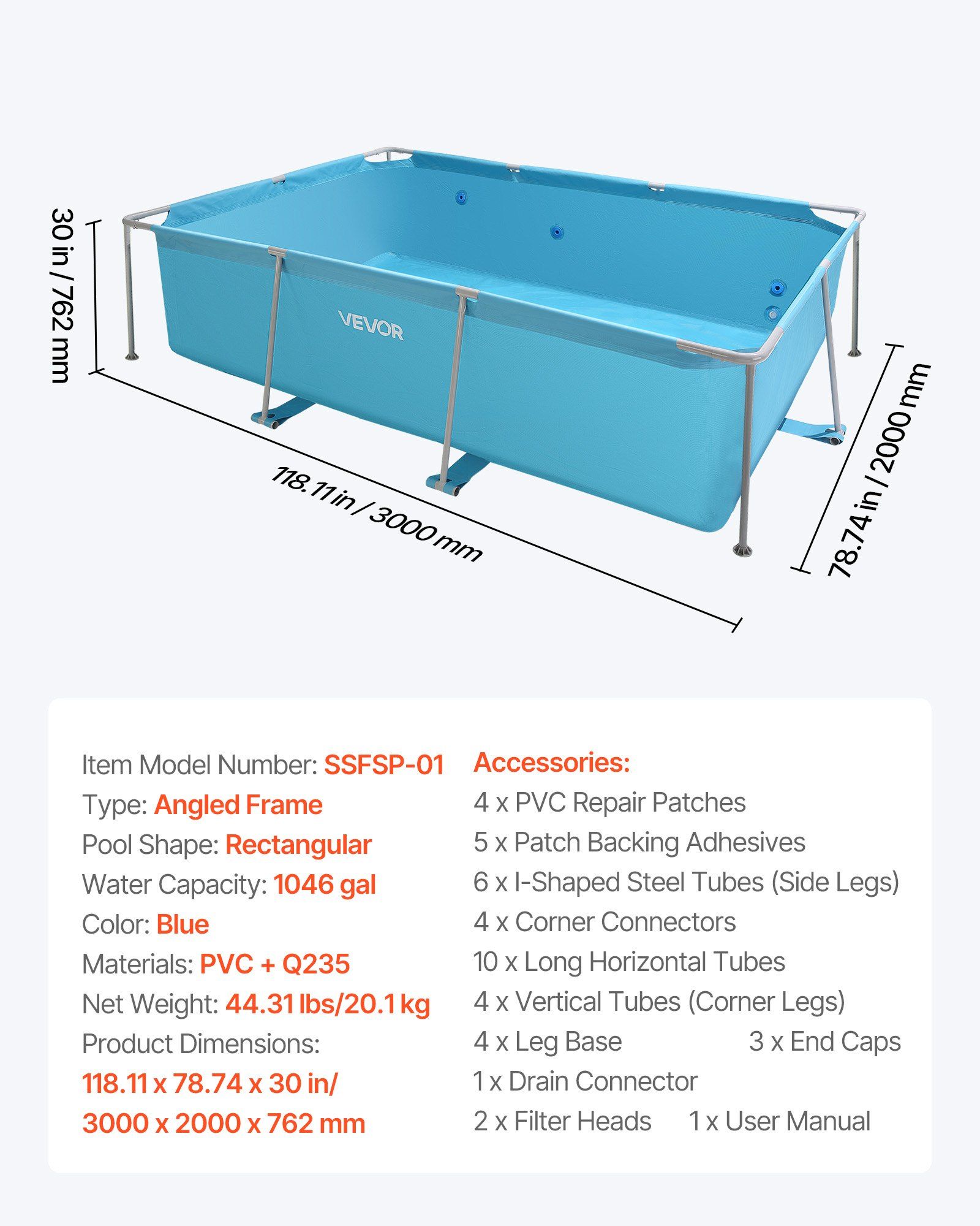 Frame Above Ground Swimming Pool, 3 x 2 x 0.762 m Rectangular Steel Metal Frame, Large Rectangle Outdoor Backyard Family Pool, Easy to Assemble Rust-Resistant, 3959.54 L Water Capacity, Blue - Image 7