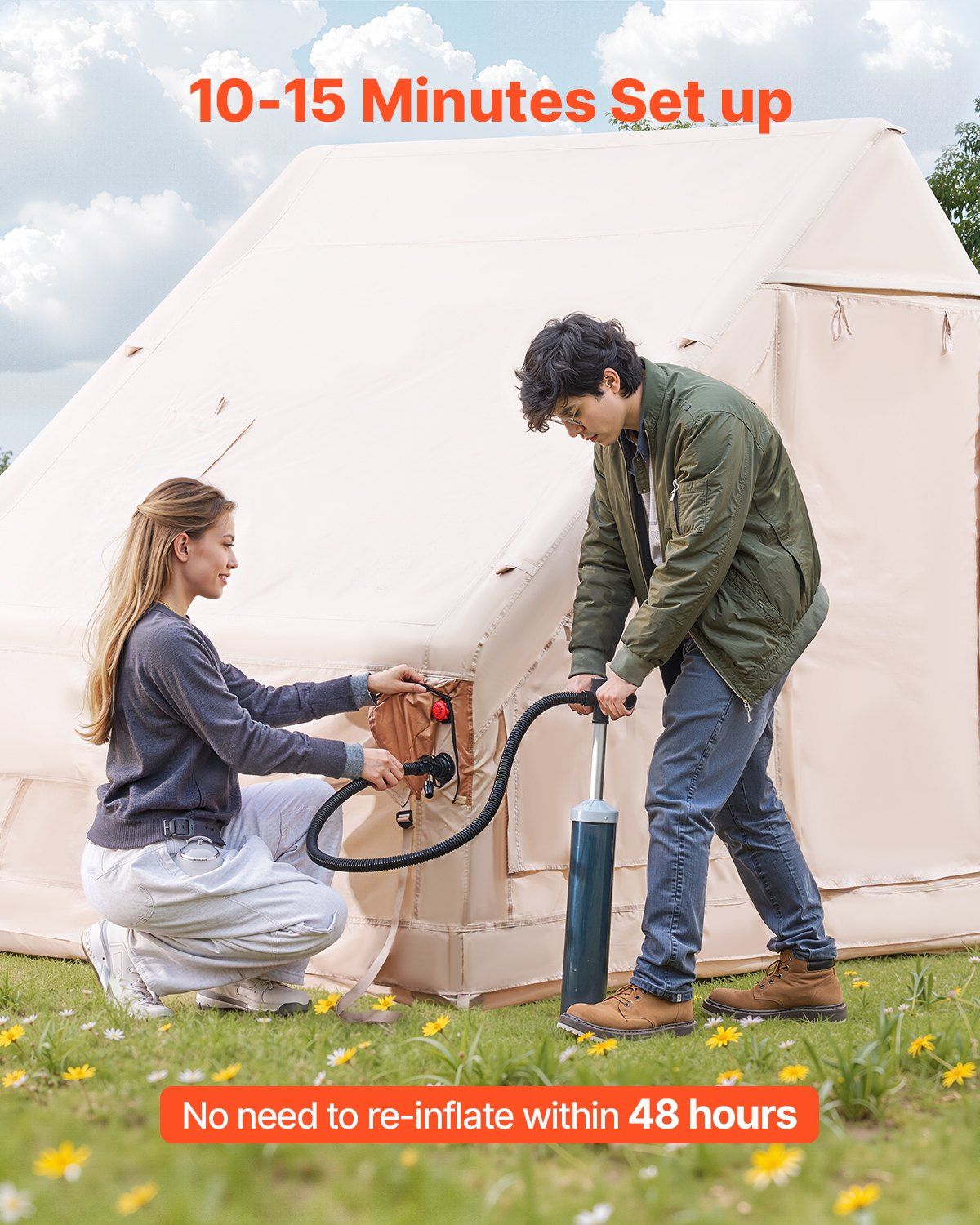 Inflatable Tents for Camping, 4-6 Person Easy Setup Blow up Tent with Hand Pump, 300D Oxford 4 Season Glamping Tent with Stove Jack 2 Doors & 4 Mesh Windows, Storage Bag Included for Easy Taking - Image 2